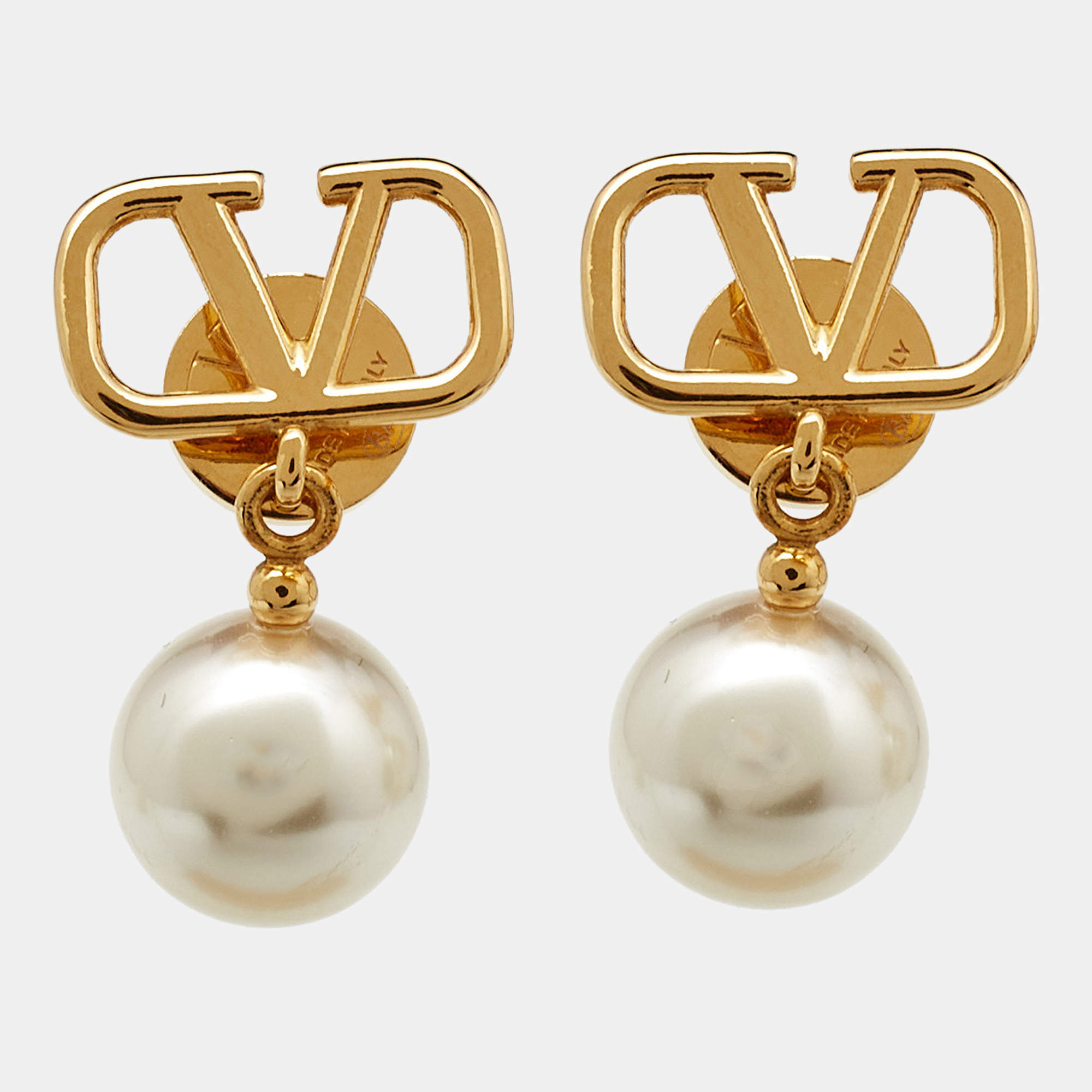 Pre Owned Valentino VLogo Signature Faux Pearl Gold Tone Drop Earrings