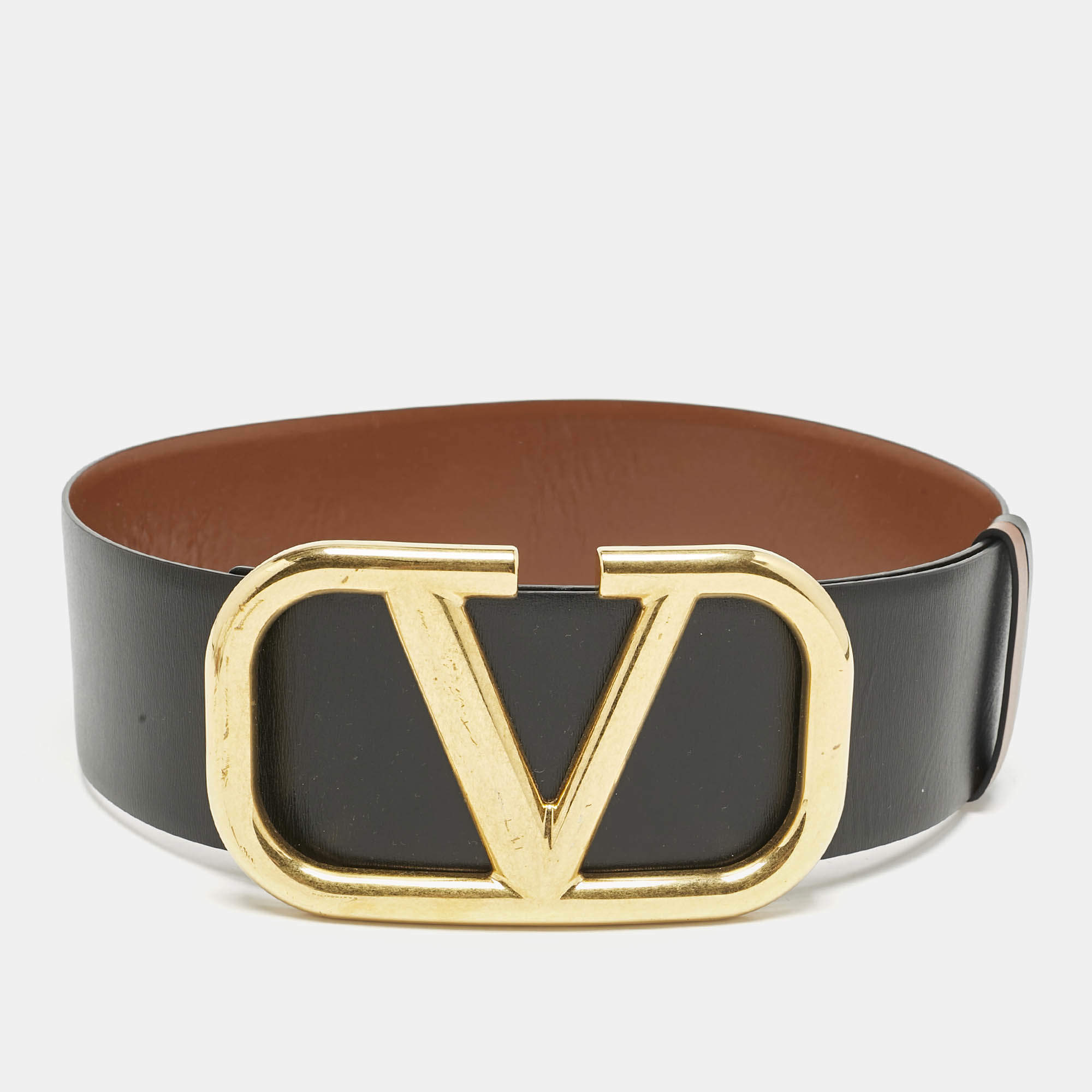 Valentino Black/Brown Leather VLogo Wide Waist Belt 70CM