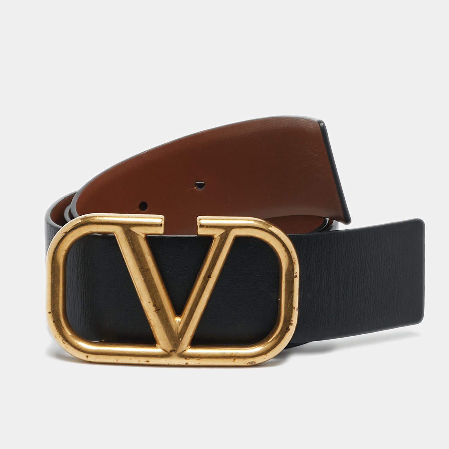 Valentino Black/Brown Leather VLogo Reversible Waist Belt 75CM