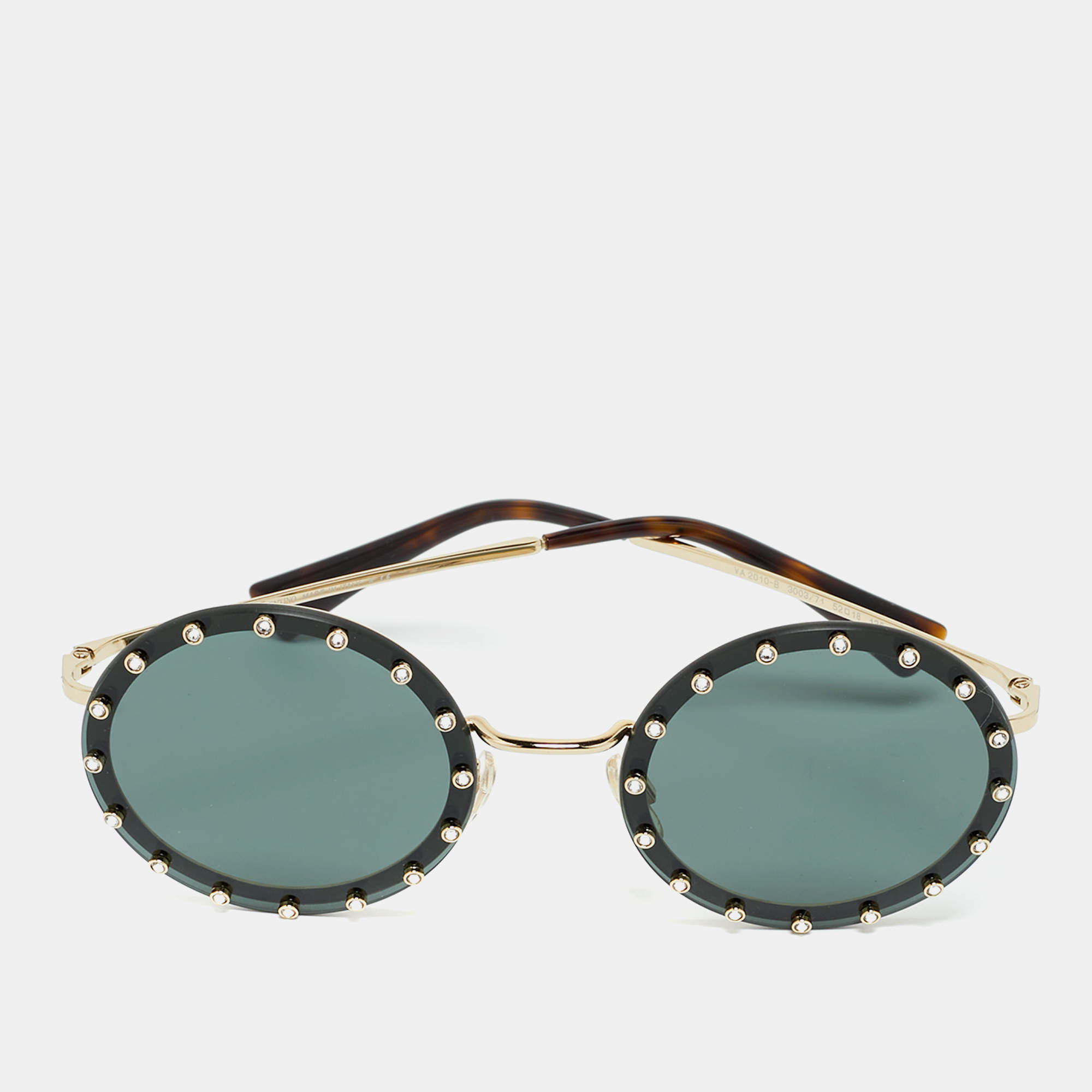 Pre Owned Valentino Black/Gold Tone VA 2010-B Crystals Round Sunglasses