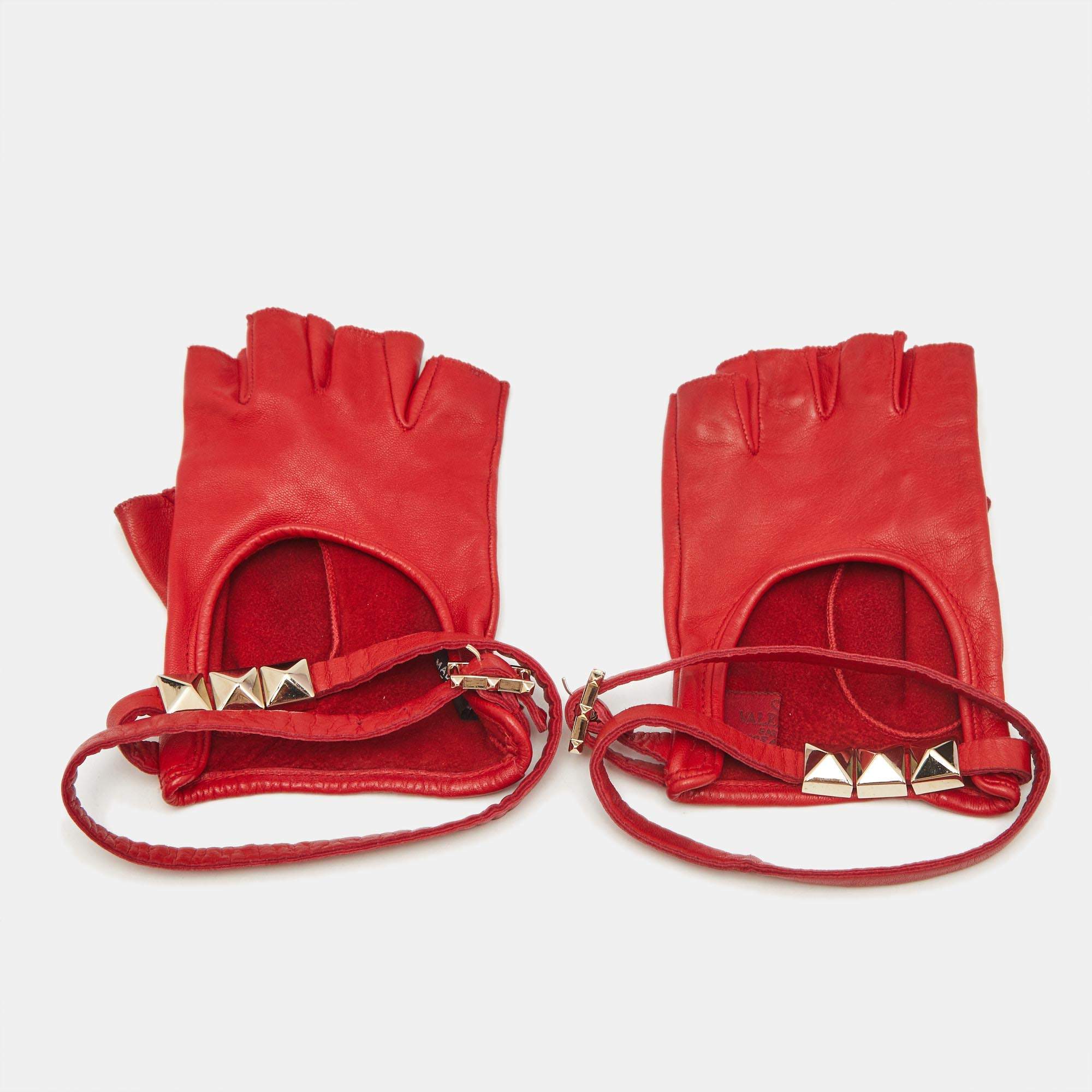 Valentino Red Leather Rockstud Fingerless Gloves 7