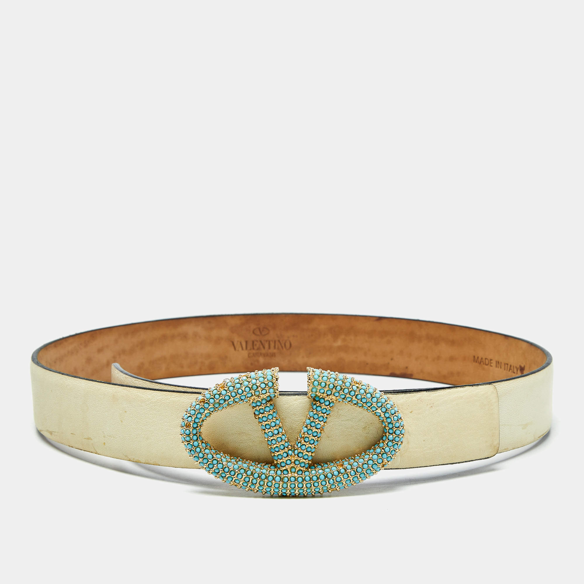Pre Owned Valentino Cream Leather VLogo Crystals Embellished Belt 65CM