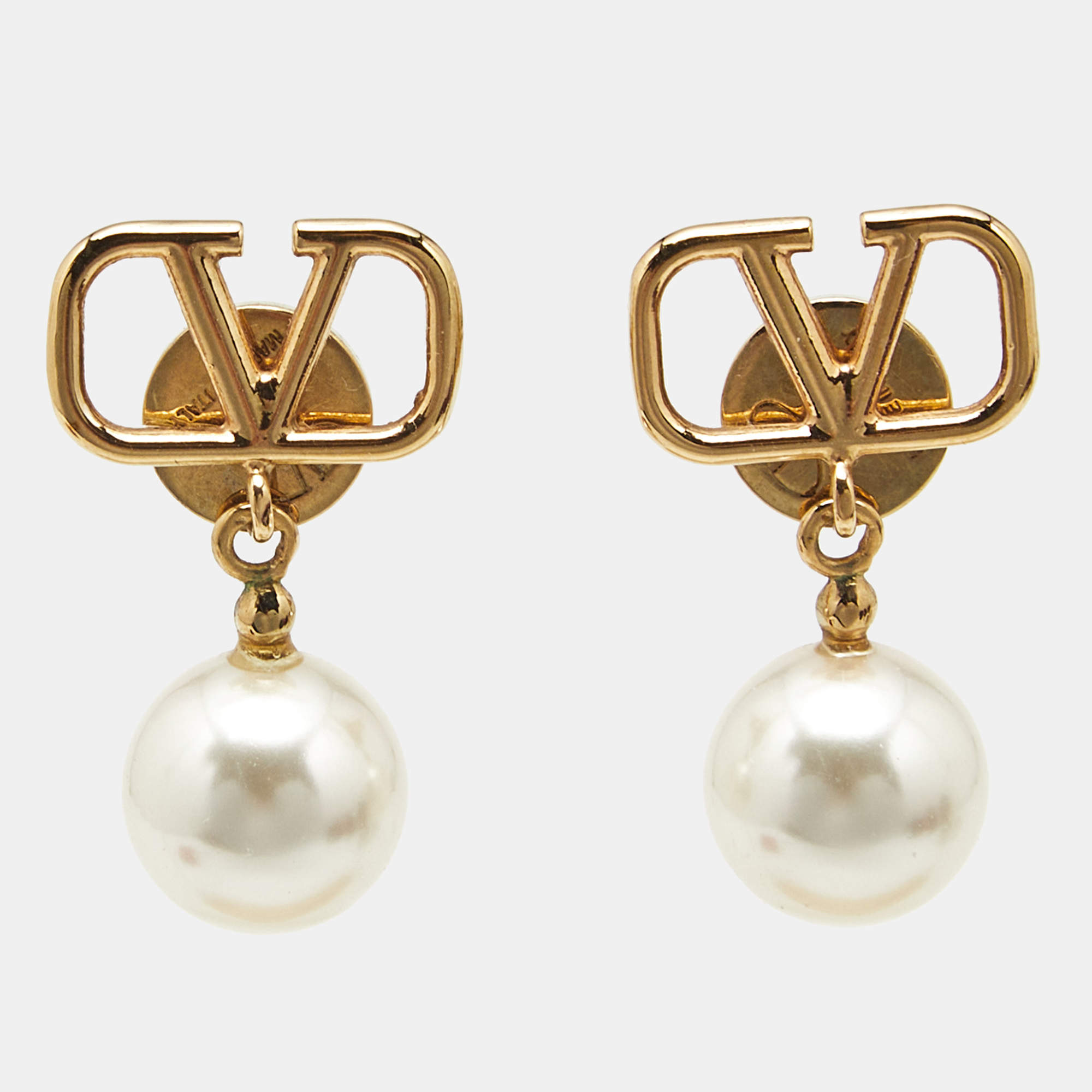Pre Owned Valentino VLogo Signature Faux Pearls Gold Tone Metal Drop Earrings