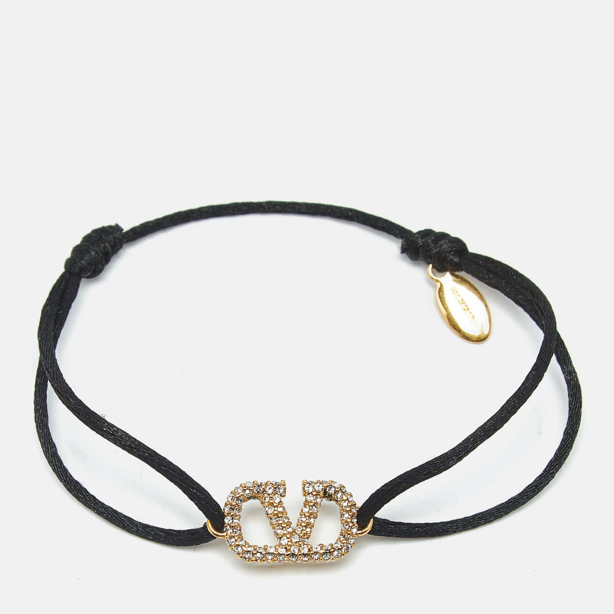 Pre Owned Valentino VLogo Crystal-Embellished Gold Tone Cord Bracelet