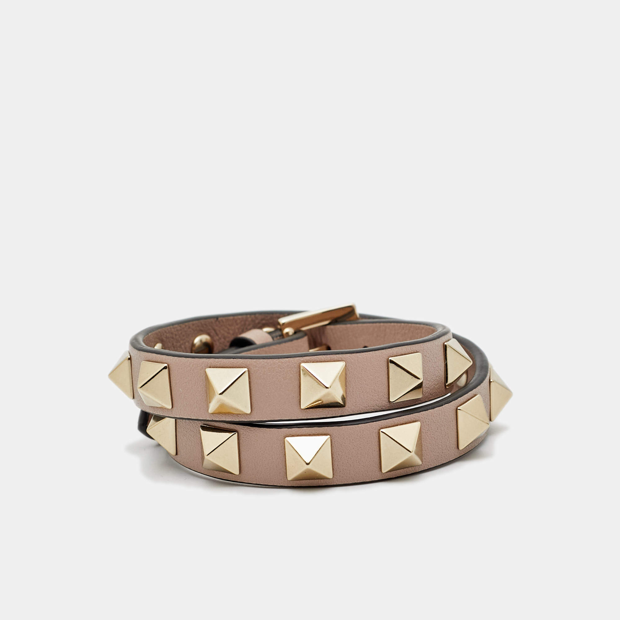 Pre Owned Valentino Rockstud Leather Gold Tone Wrap Bracelet