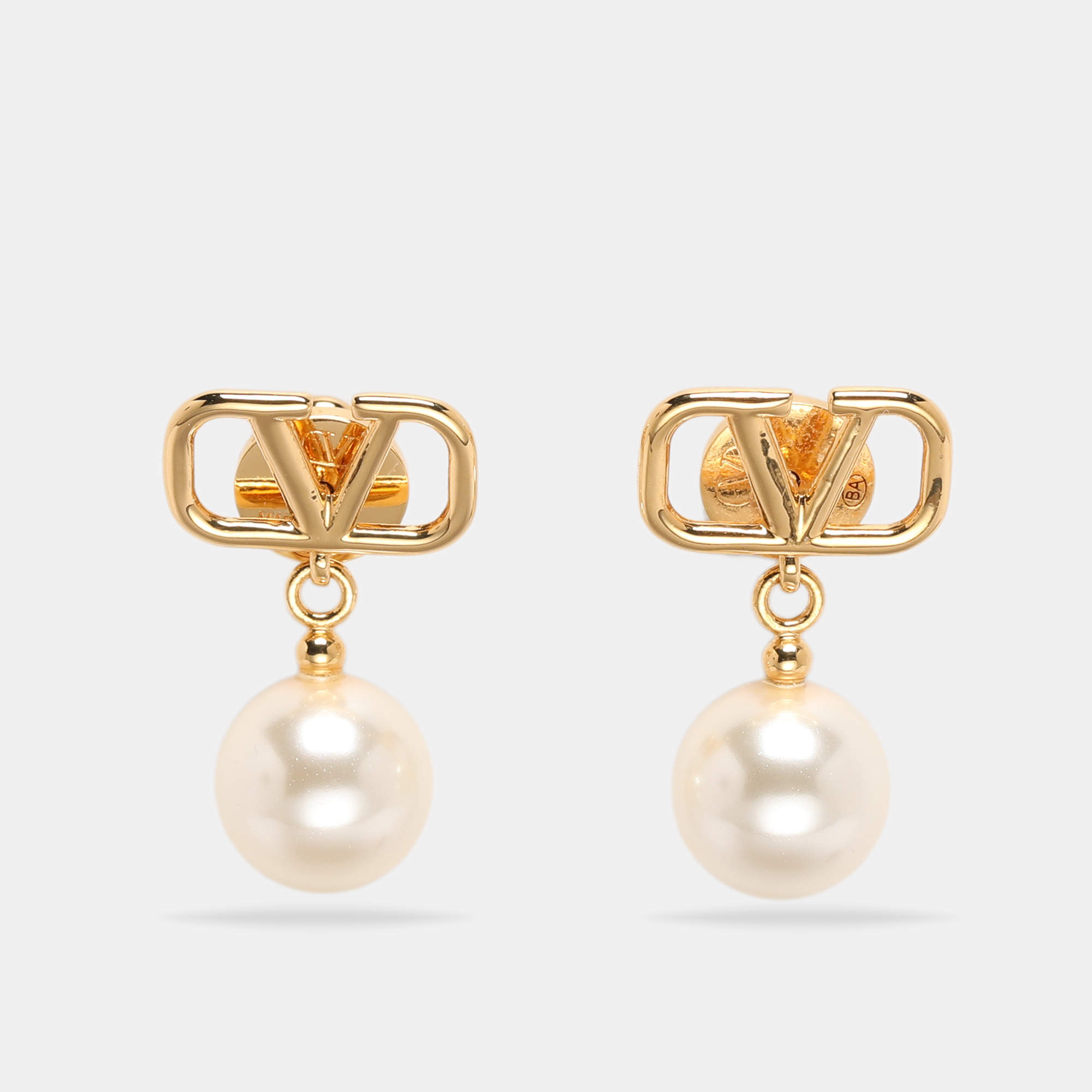 Pre Owned Valentino VLogo Signature Faux Pearls Gold Tone Metal Drop Earrings