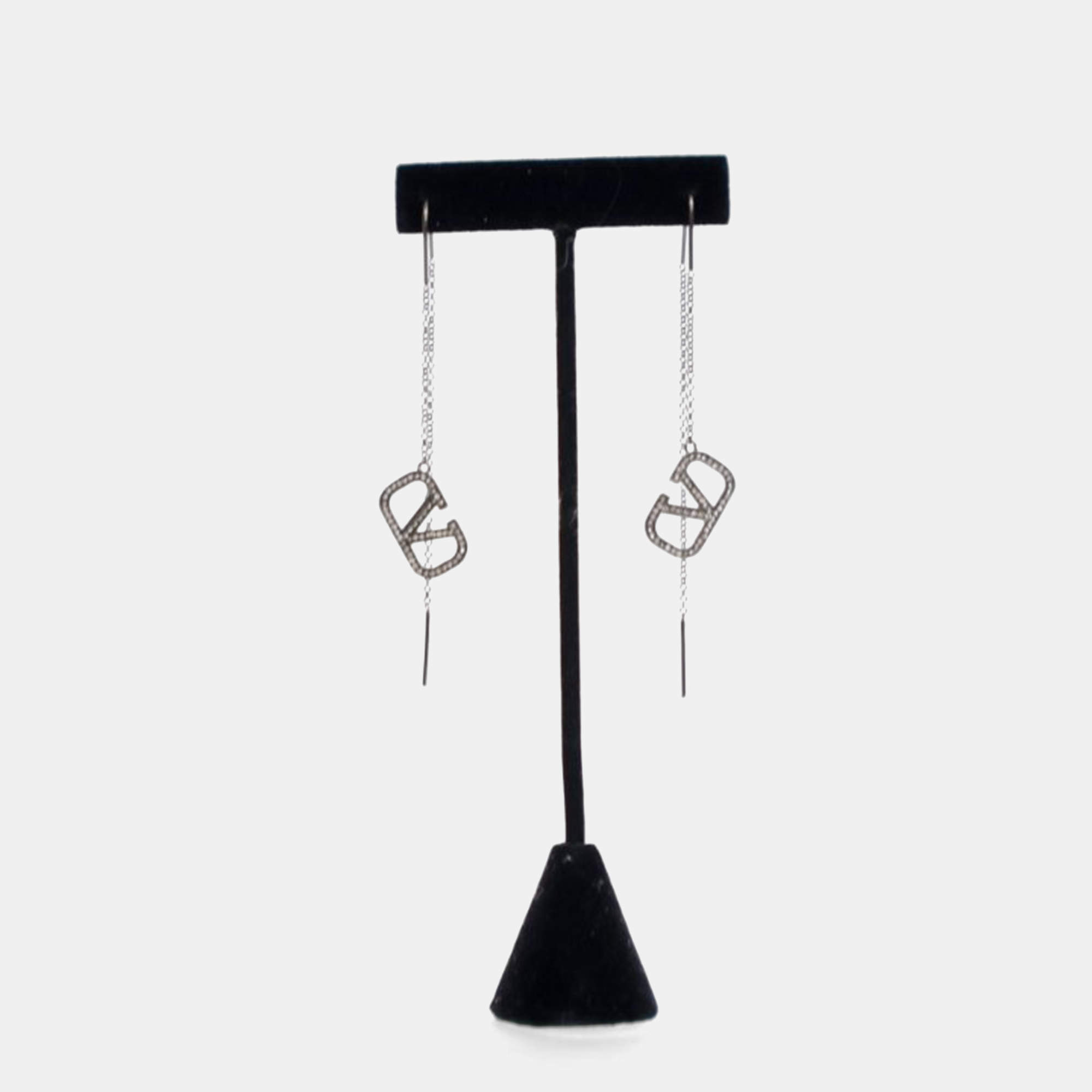 Pre Owned Valentino Crystal V Logo Signature Threader Earrings