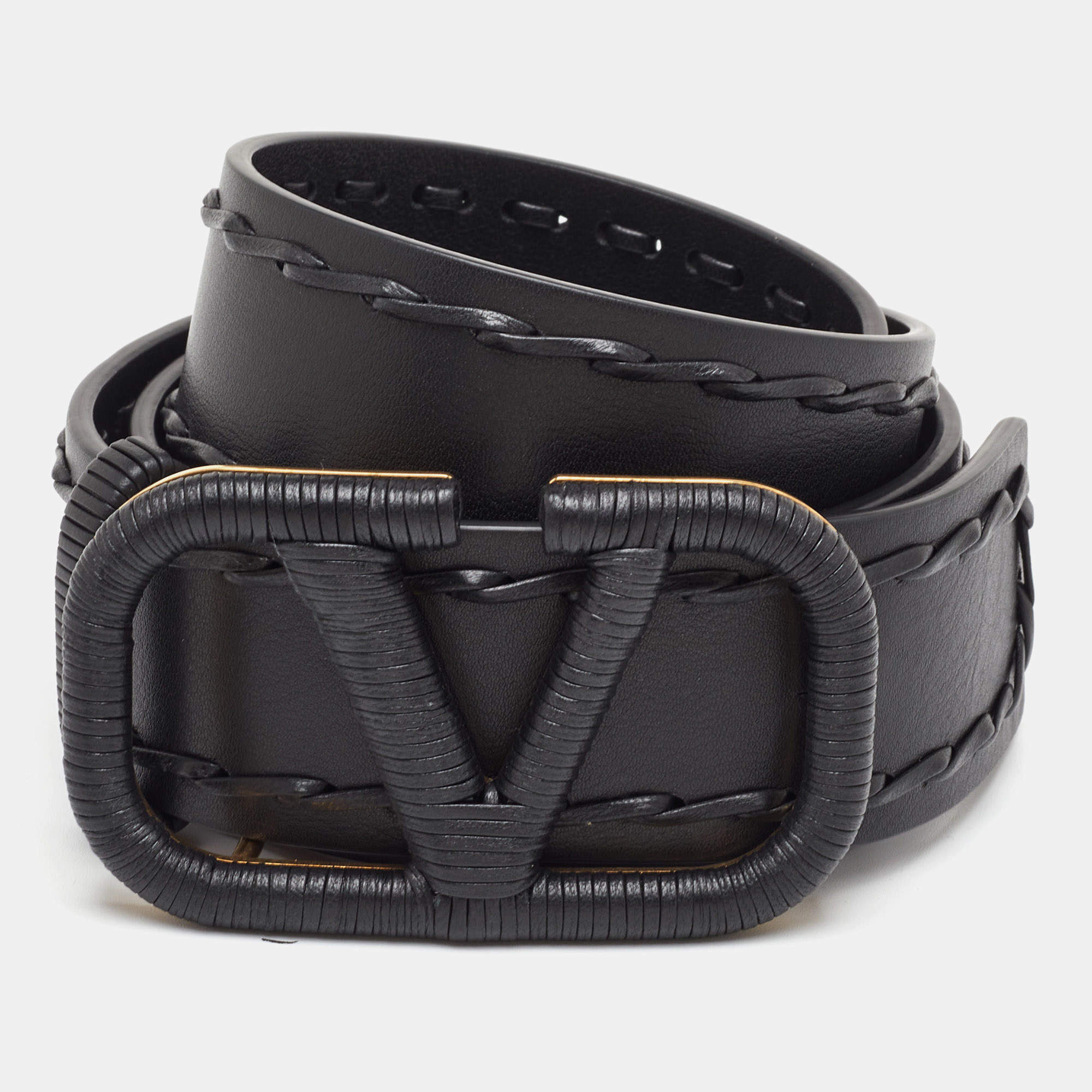 Pre Owned Valentino VLogo 80 CM Waist Belt Black Leather Whipstitch