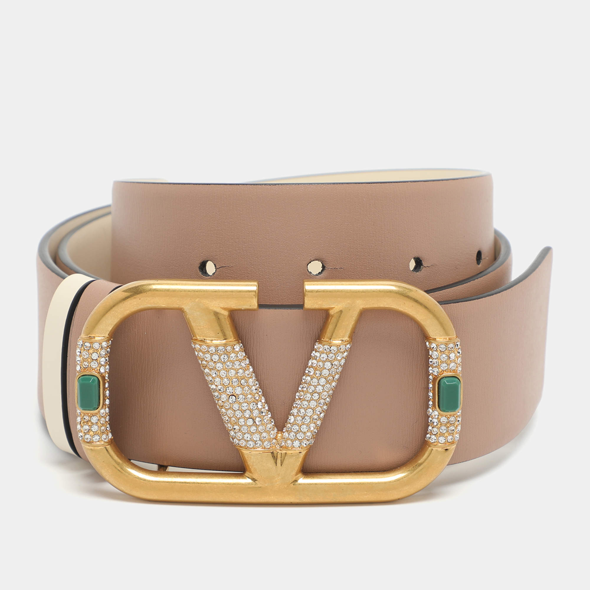 Pre Owned Valentino Beige/White Leather VLOGO Crystal Embellished Buckle Belt 70CM