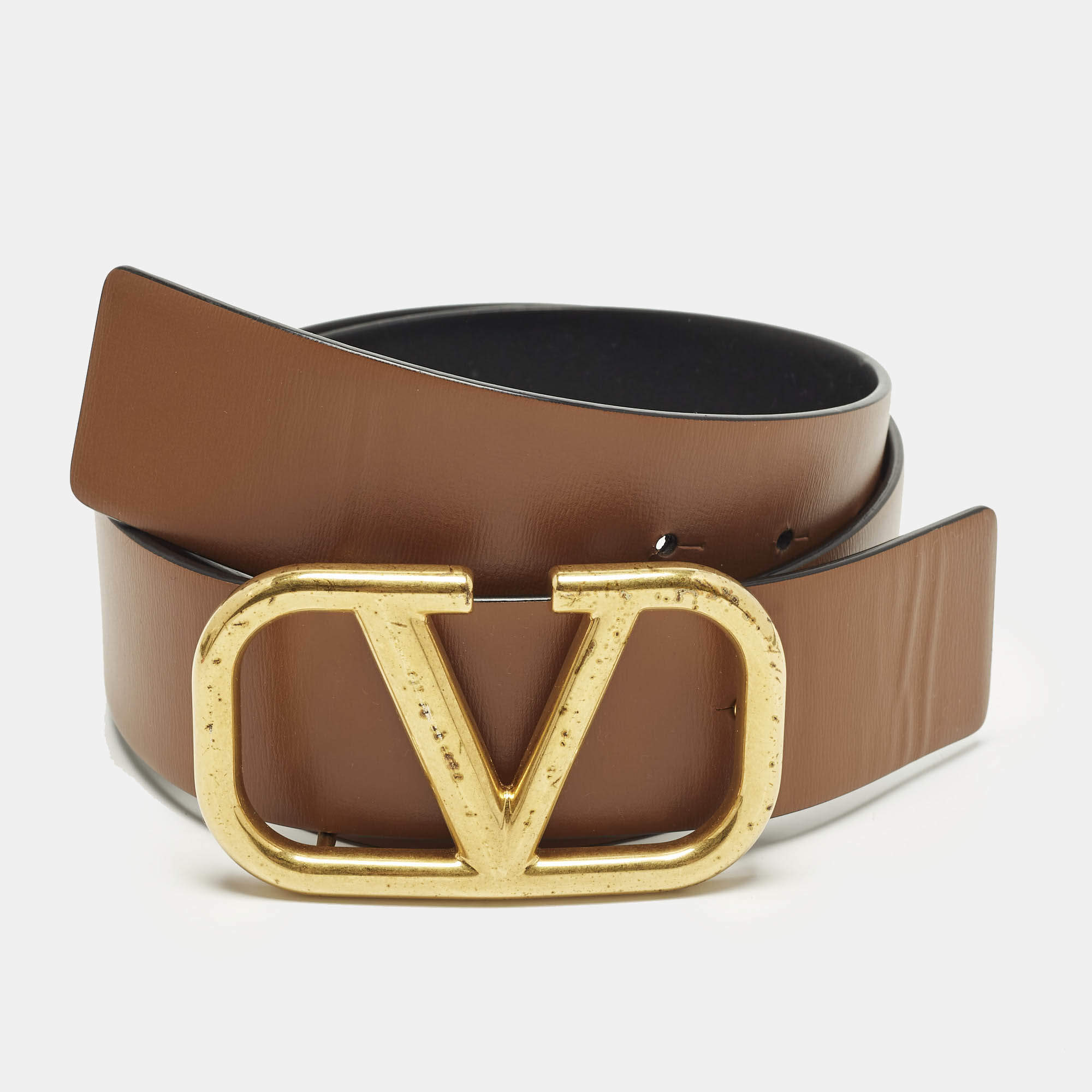 Pre Owned Valentino VLogo 80 CM Reversible Buckle Belt Brown/Black Leather