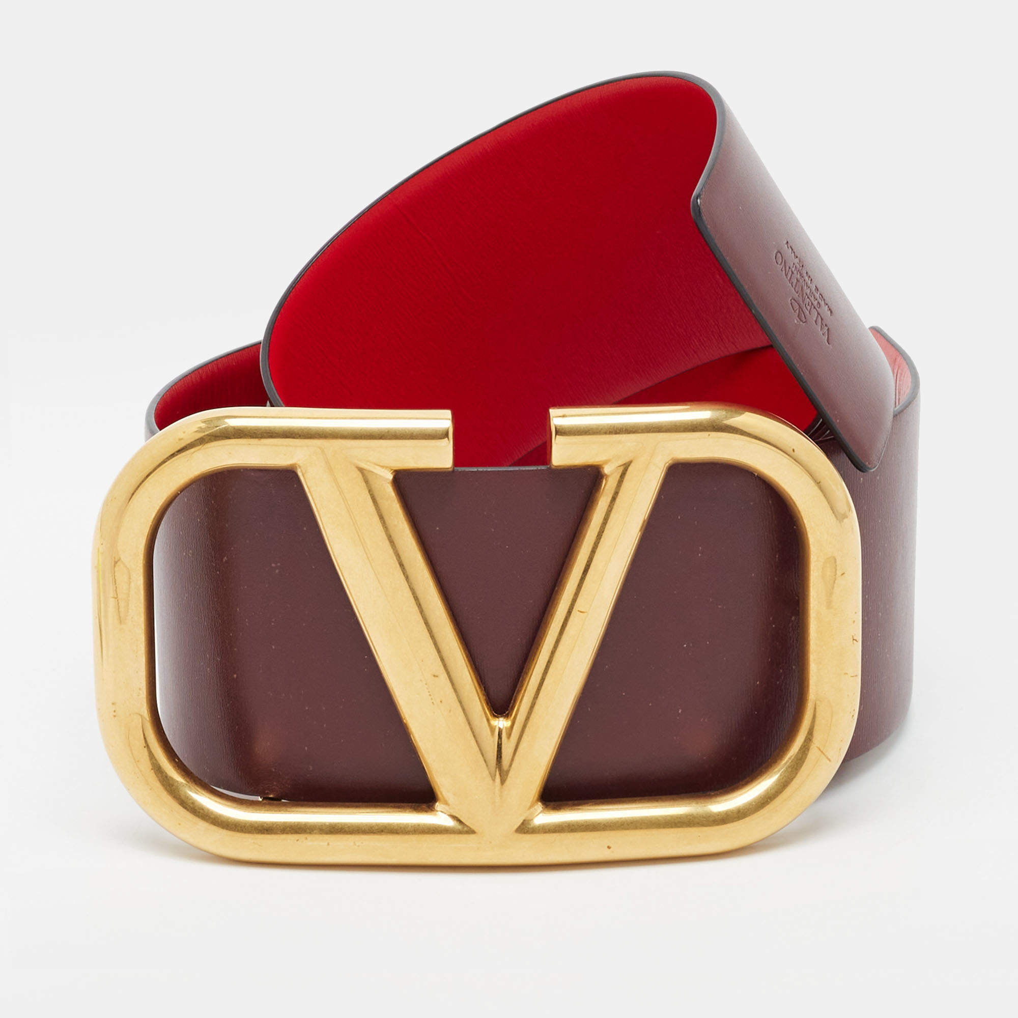 Pre Owned Valentino VLogo 120 CM Reversible Waist Belt Burgundy/Red Leather