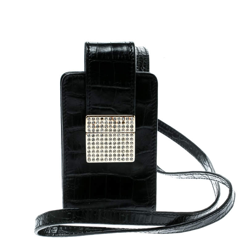 Valentino Black Croc Embossed Leather Crystal Studded Cigarette Case