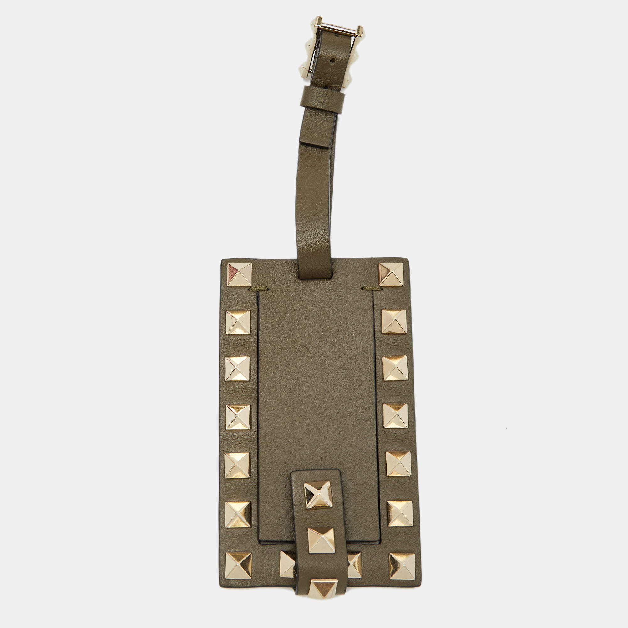 Valentino Military Green Rockstud Leather Luggage Tag