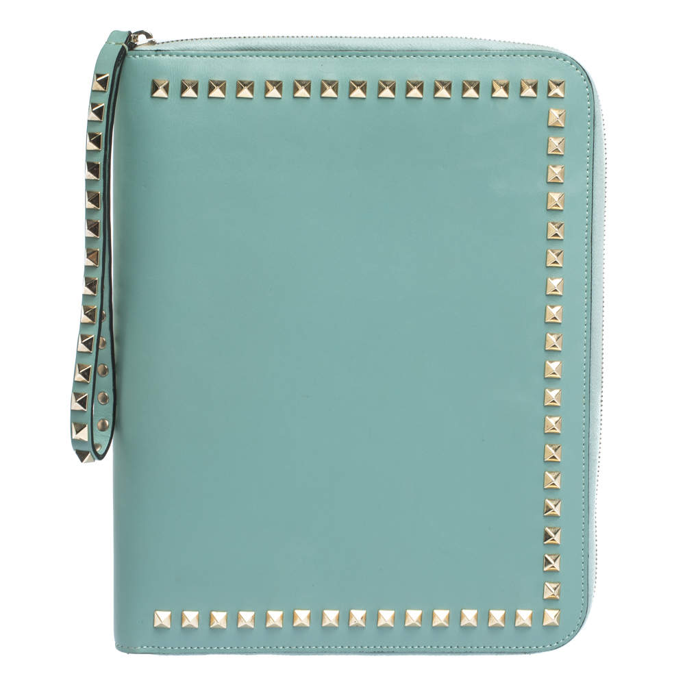 Pre Owned Valentino Mint Green Leather Rockstud Zip Around iPad Case