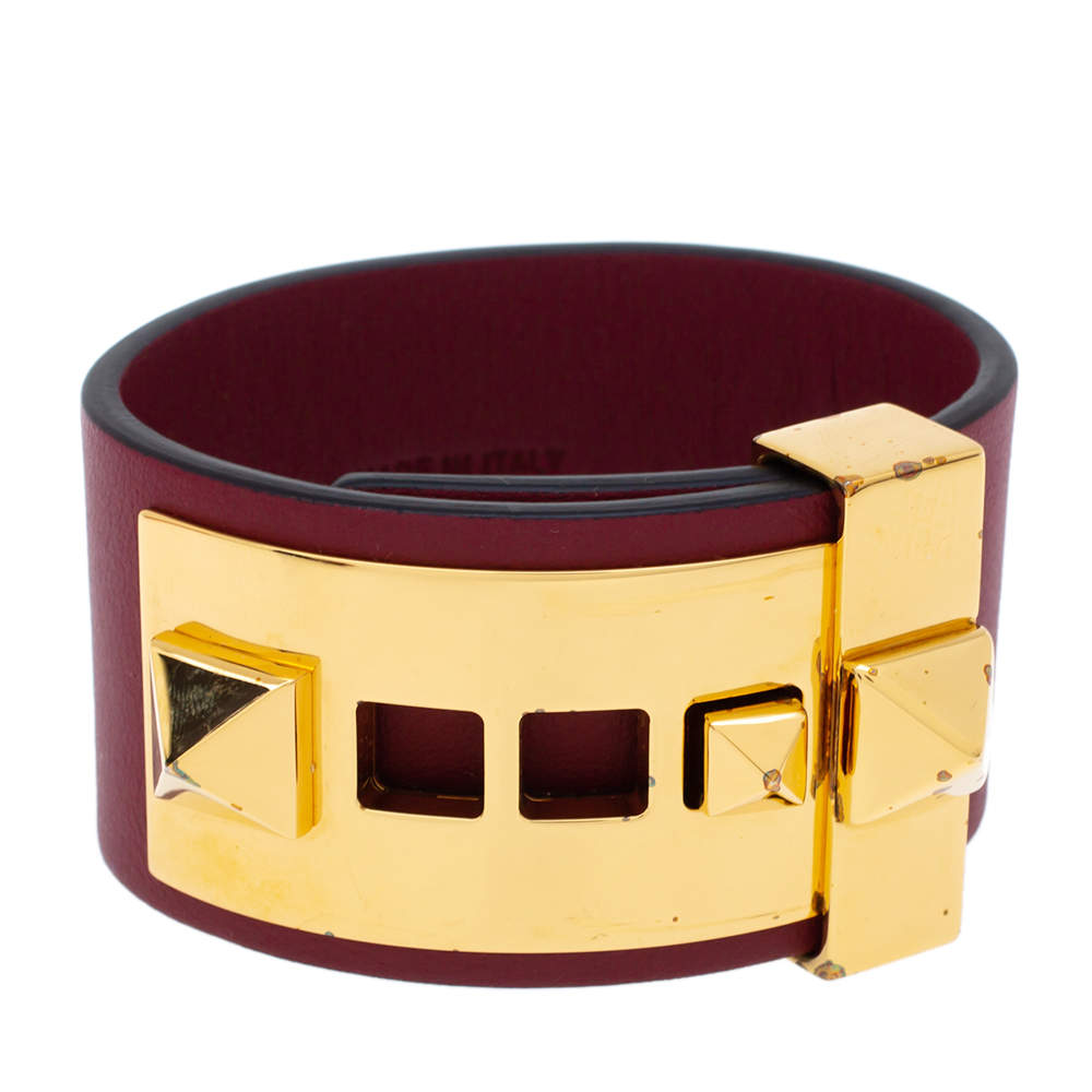 Pre Owned Valentino Burgundy Leather Rockstud Wide Bracelet 