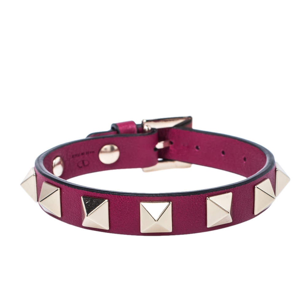 Pre Owned Valentino Raspberry Pink Leather Pale Gold Tone Rockstud Bracelet