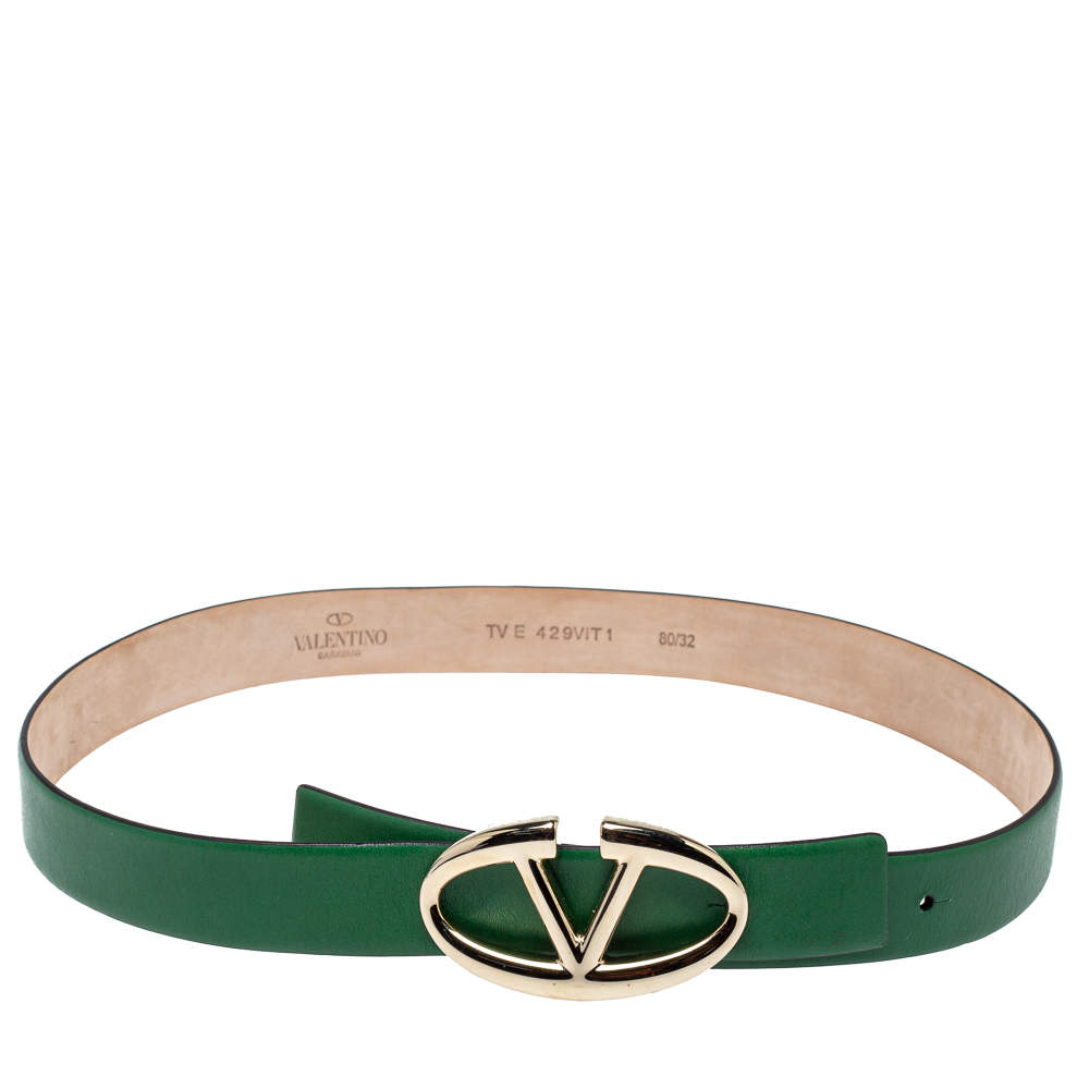 Valentino Green Leather V Logo Buckle Belt 80CM
