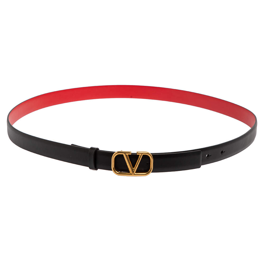 Valentino Black/Red Leather VLogo Signature Reversible Slim Belt 95 CM