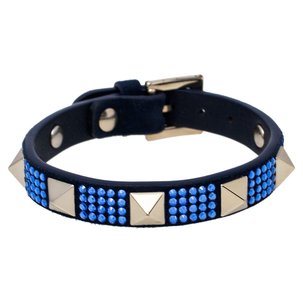 Pre Owned Valentino Blue Suede Crystal Embellished Rockstud Bracelet