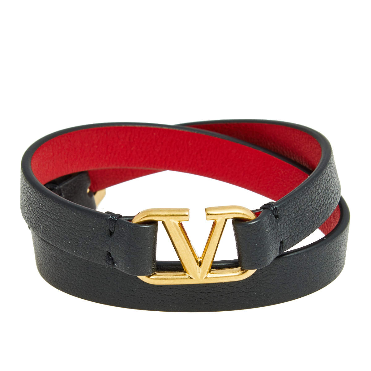 Pre Owned Valentino Black Leather VLogo Double Wrap Bracelet