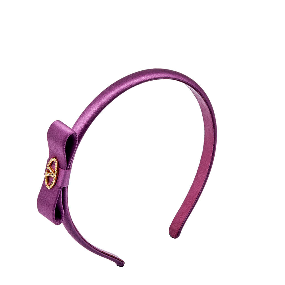Pre Owned Valentino Pink Satin Crystals Gold Tone Metal Hair Band
