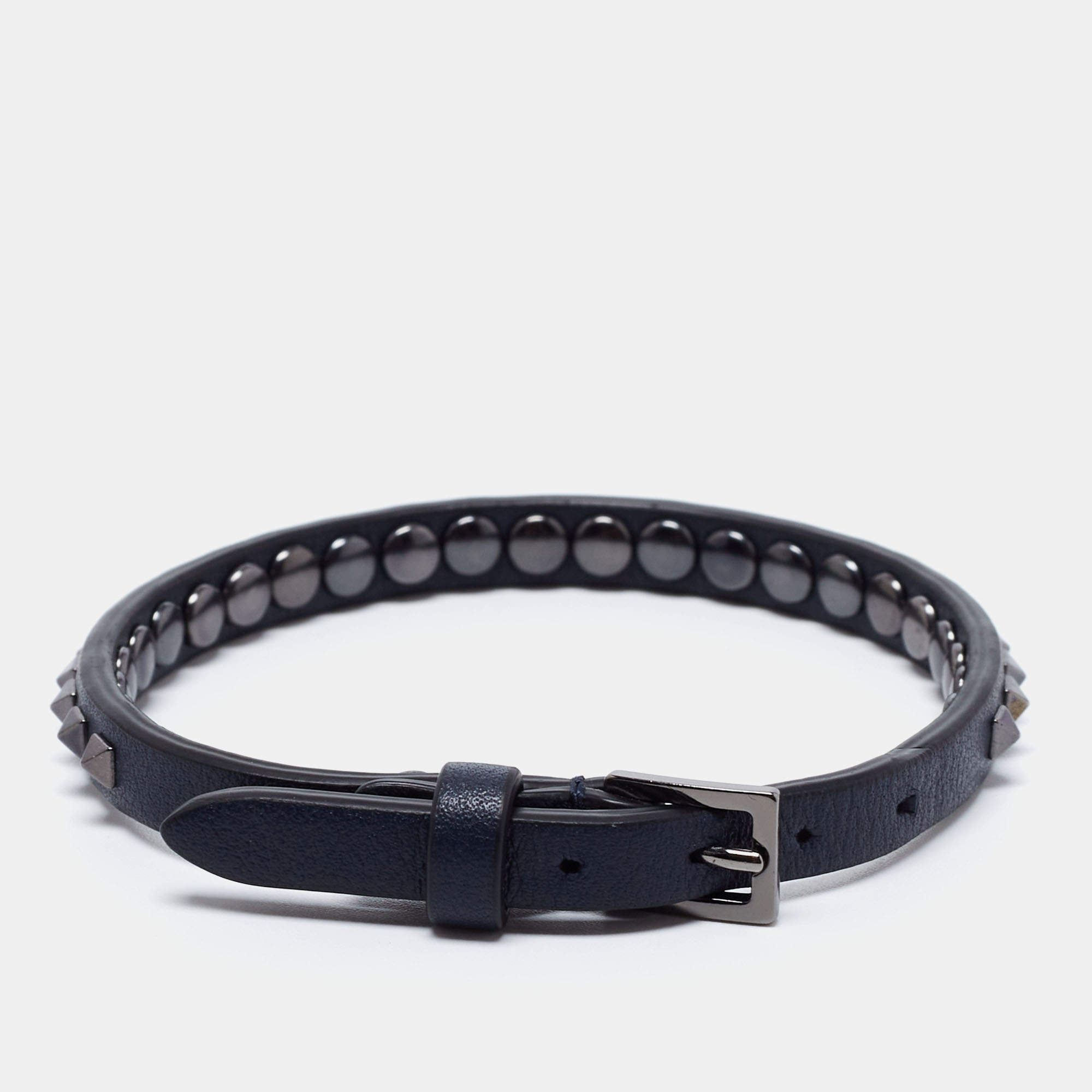 Pre Owned Valentino Navy Blue Leather Mini Rockstud Wrap Bracelet
