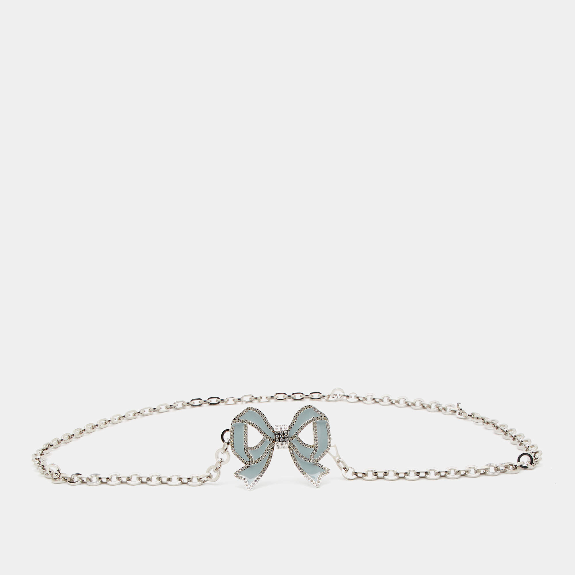 Pre Owned Valentino Vintage Silver Tone Bow Charm Chain-Link Belt