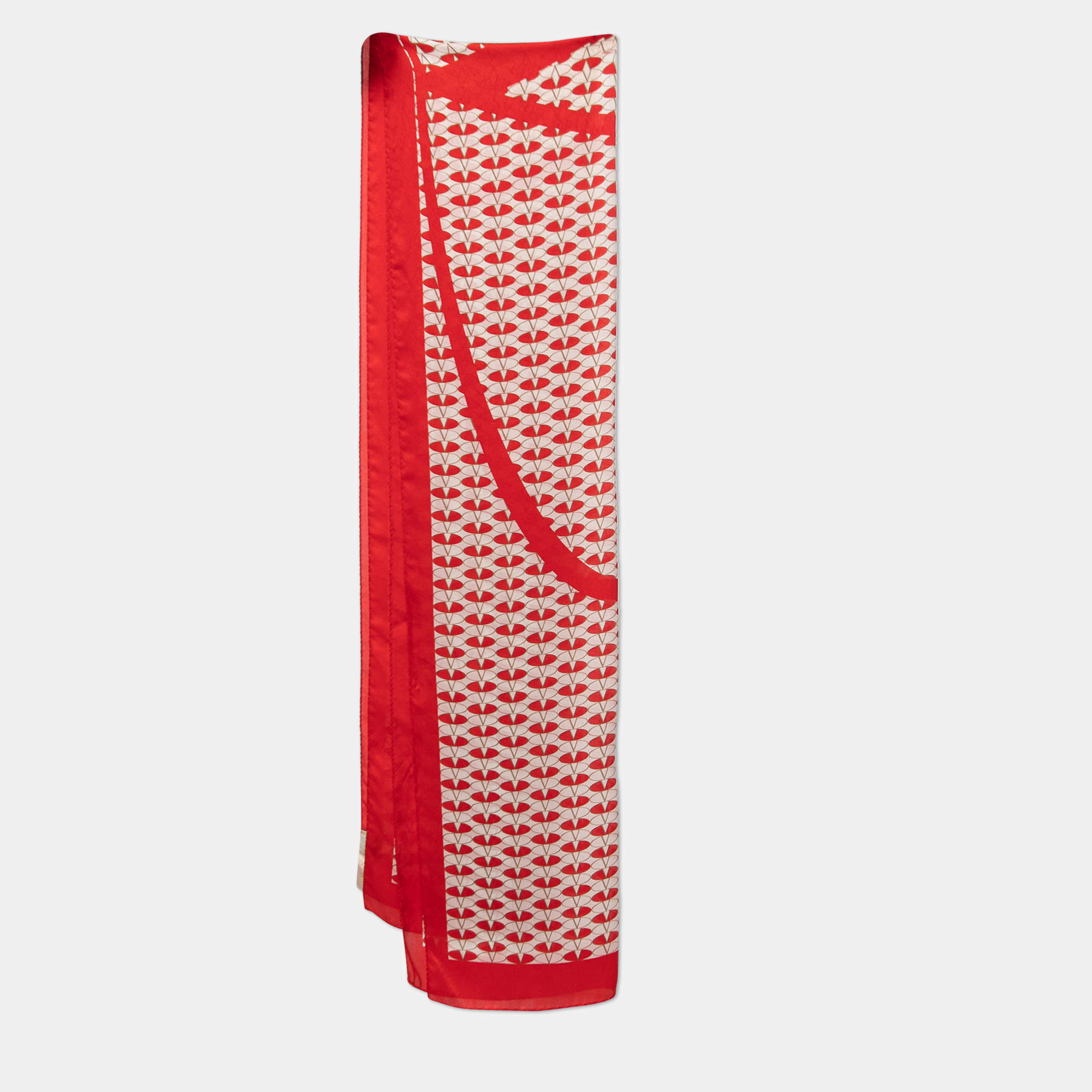 Pre Owned Valentino Red/ White V Logo Printed Silk Scarf