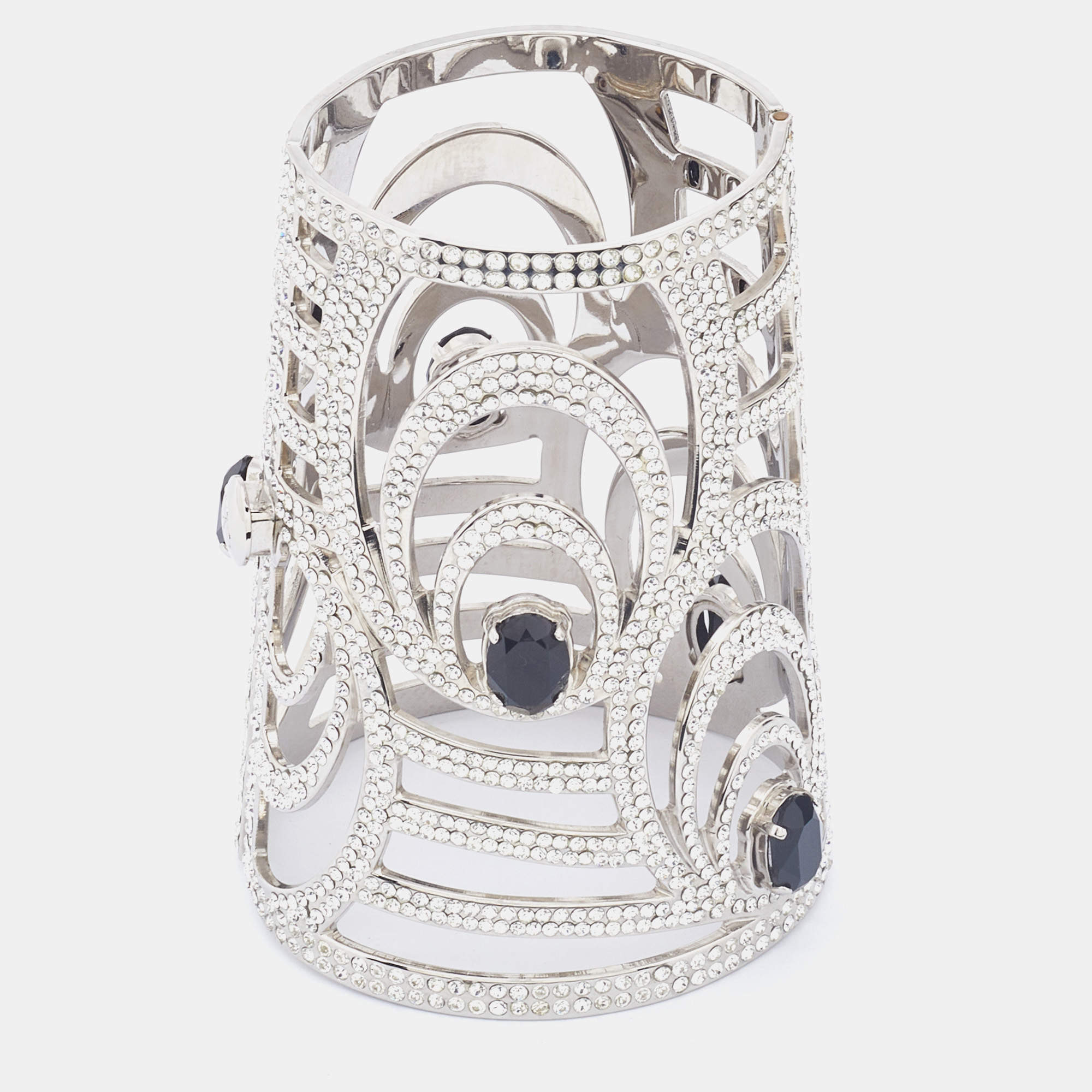 Pre Owned Valentino Silver Tone Crystal Embellished Extra Wide Cuff Bracelet