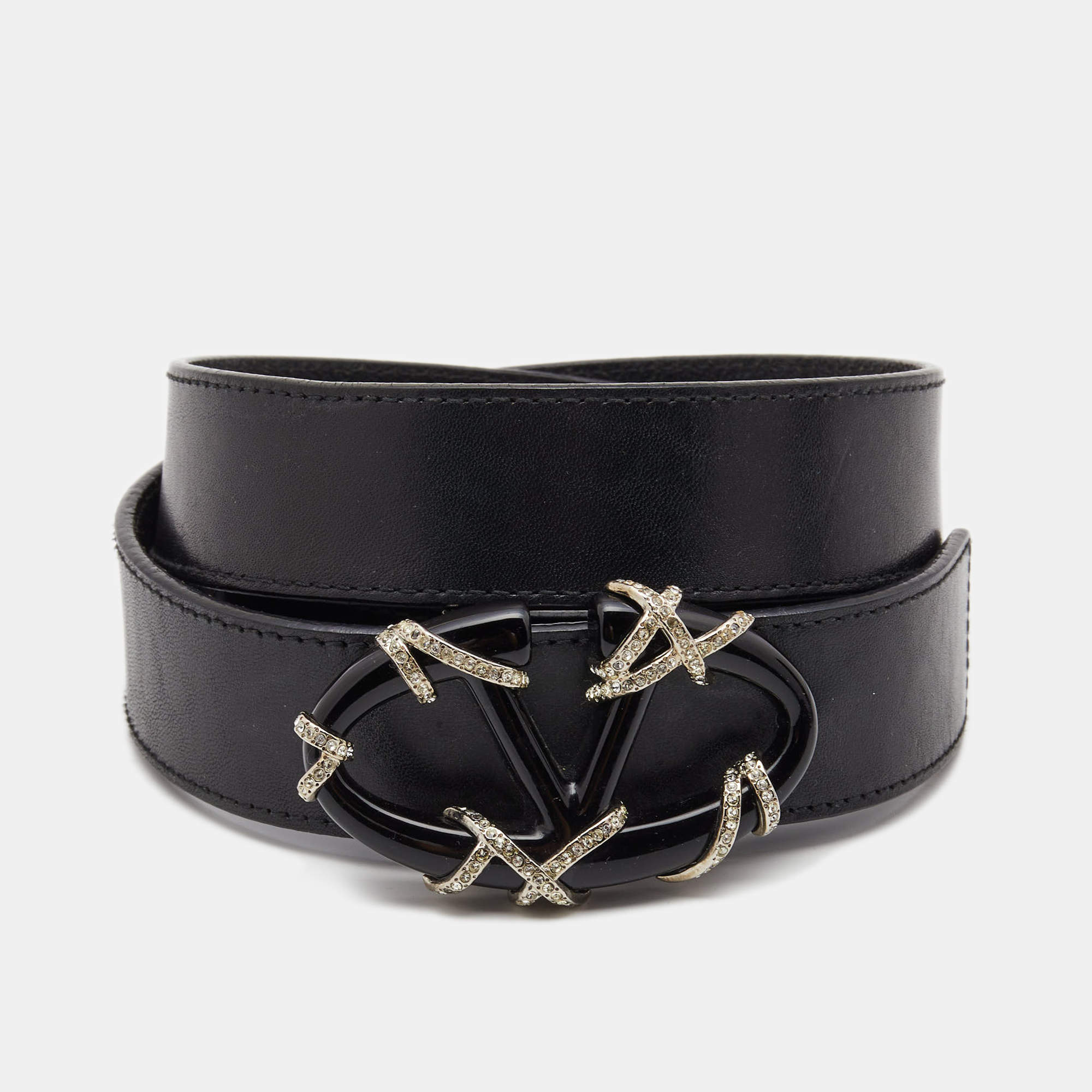 Pre Owned Valentino Black Leather VLogo Crystals Buckle Belt 90CM