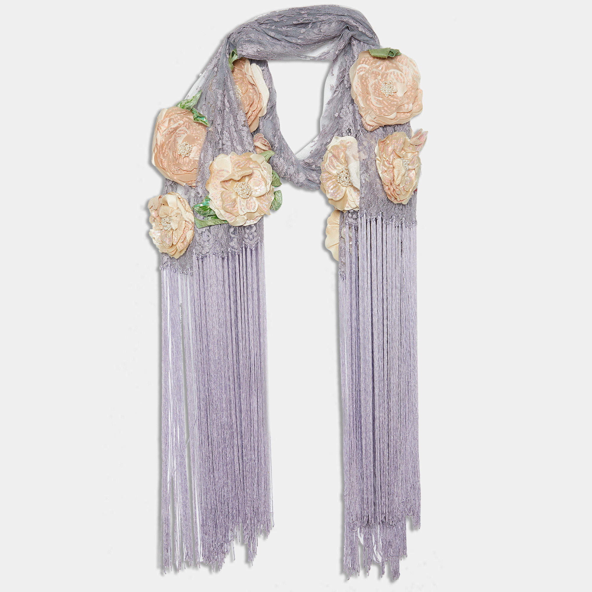 Pre Owned Valentino Lilac Lace Floral Embellished Applique Fringed Shawl