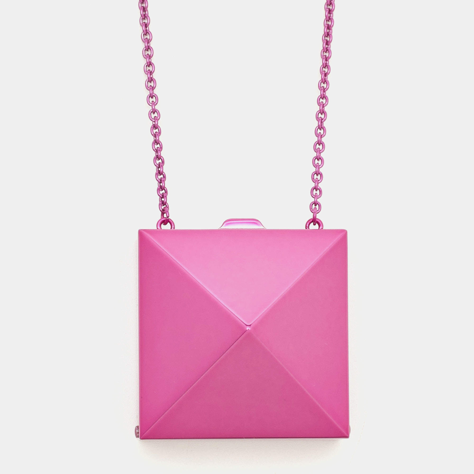Pre Owned Valentino Purple Pink Rockstud Mirror Box Pendant Chain Necklace