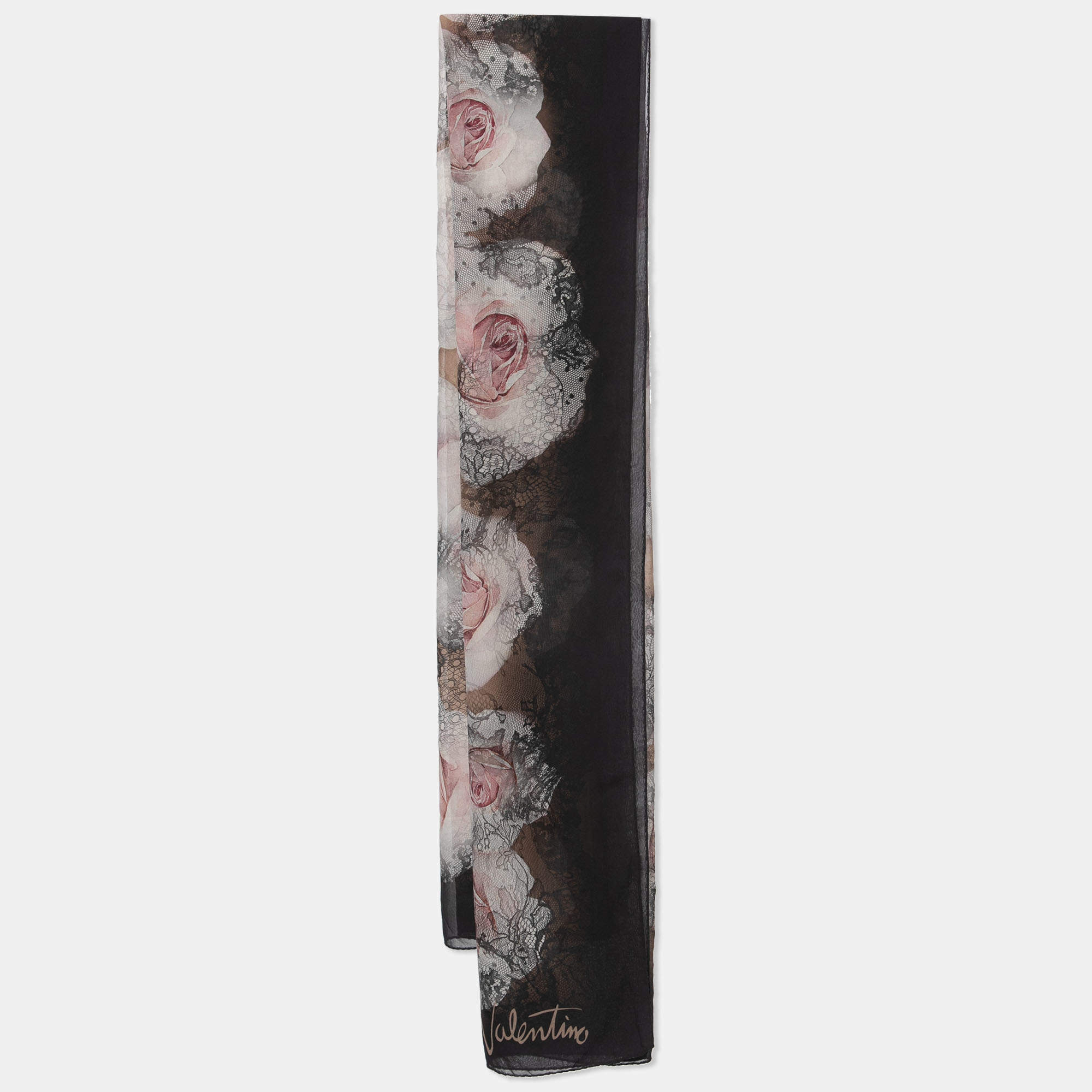 Pre Owned Valentino Black Rose Printed Silk Scarf