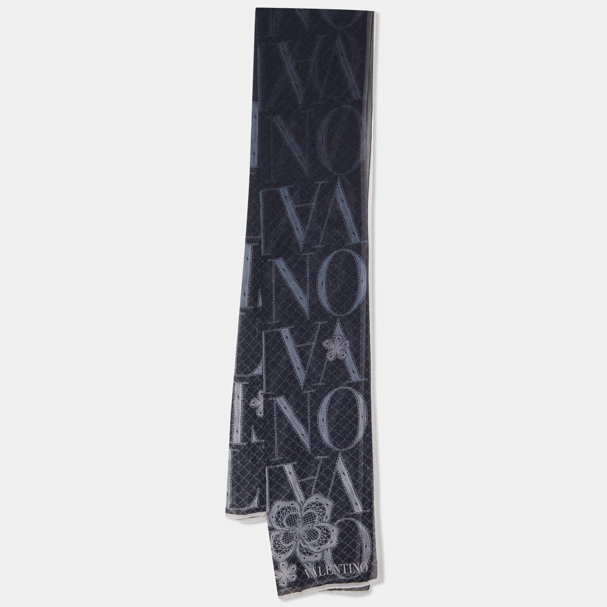 Pre Owned Valentino Black Logo & Floral Printed Silk Scarf