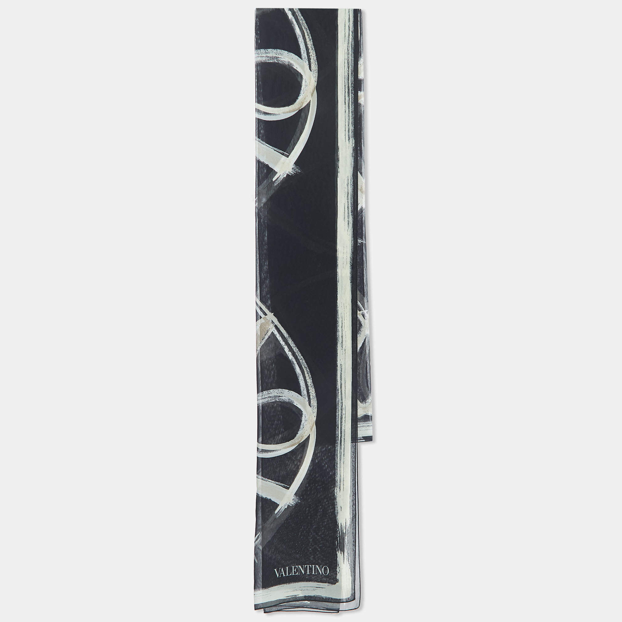 Pre Owned Valentino Black VLogo Print Silk Chiffon Scarf