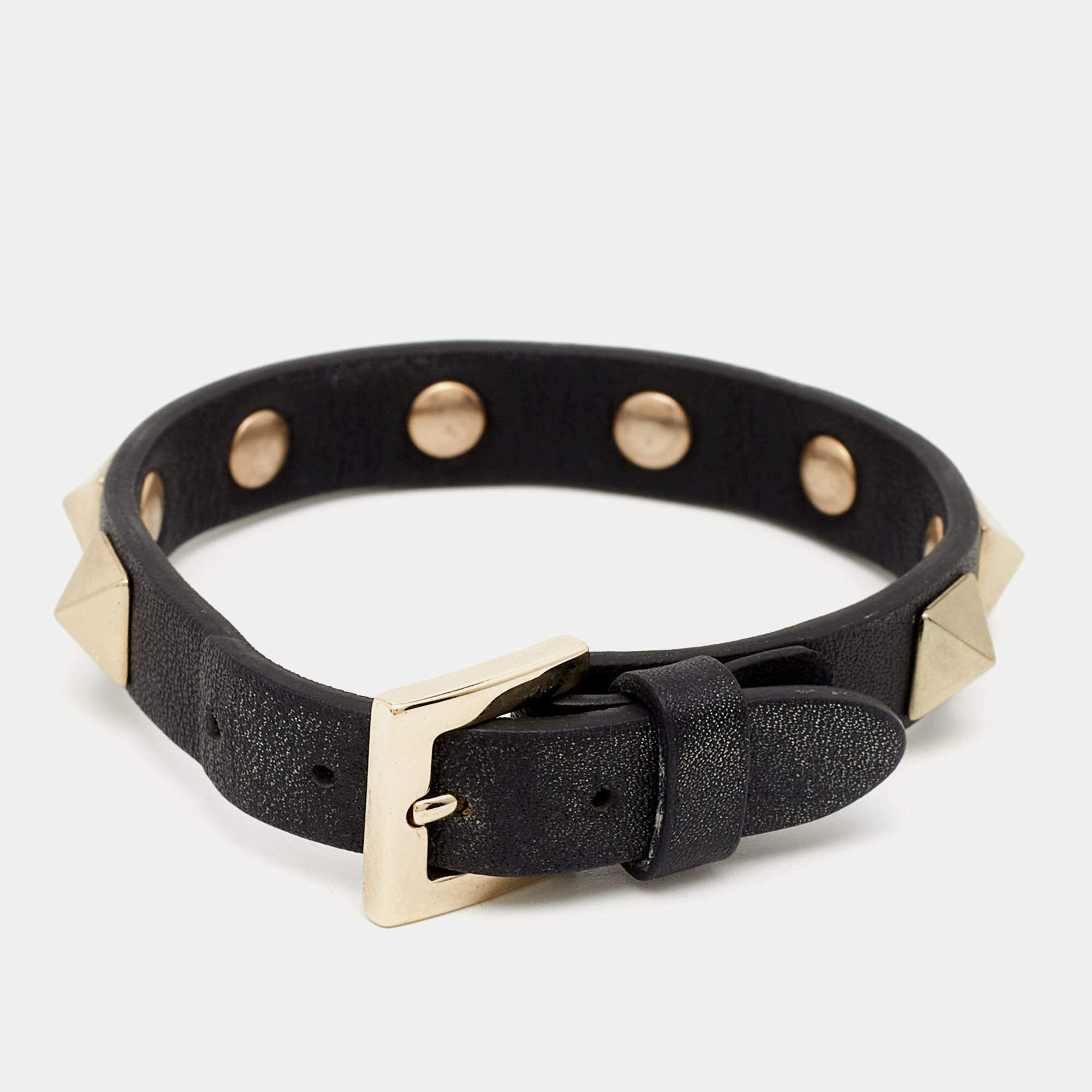 Pre Owned Valentino Rockstud Leather Gold Tone Bracelet