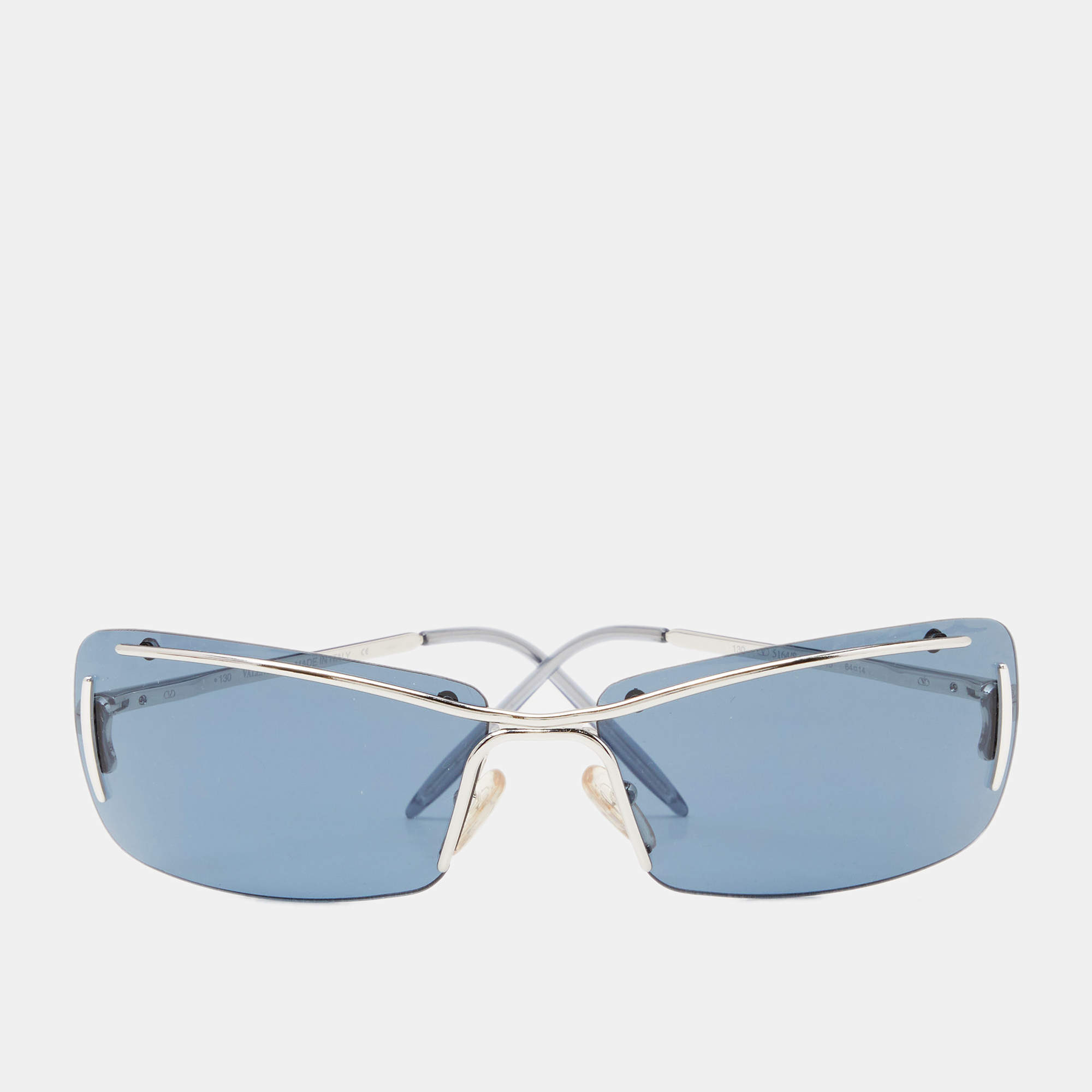 Pre Owned Valentino Silver Tone/Blue 5164/S Rectangle Rimless Sunglasses