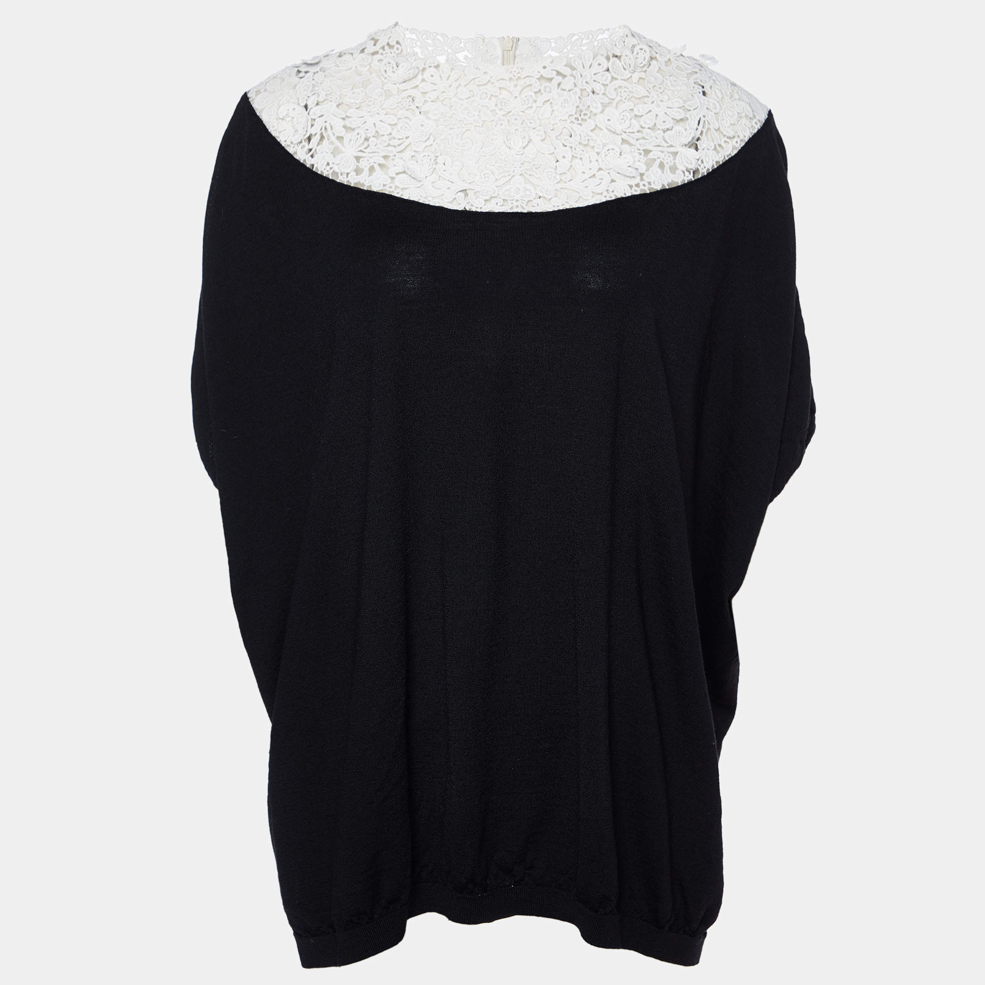 Pre Owned Valentino Black Knit & Lace Oversized Top L