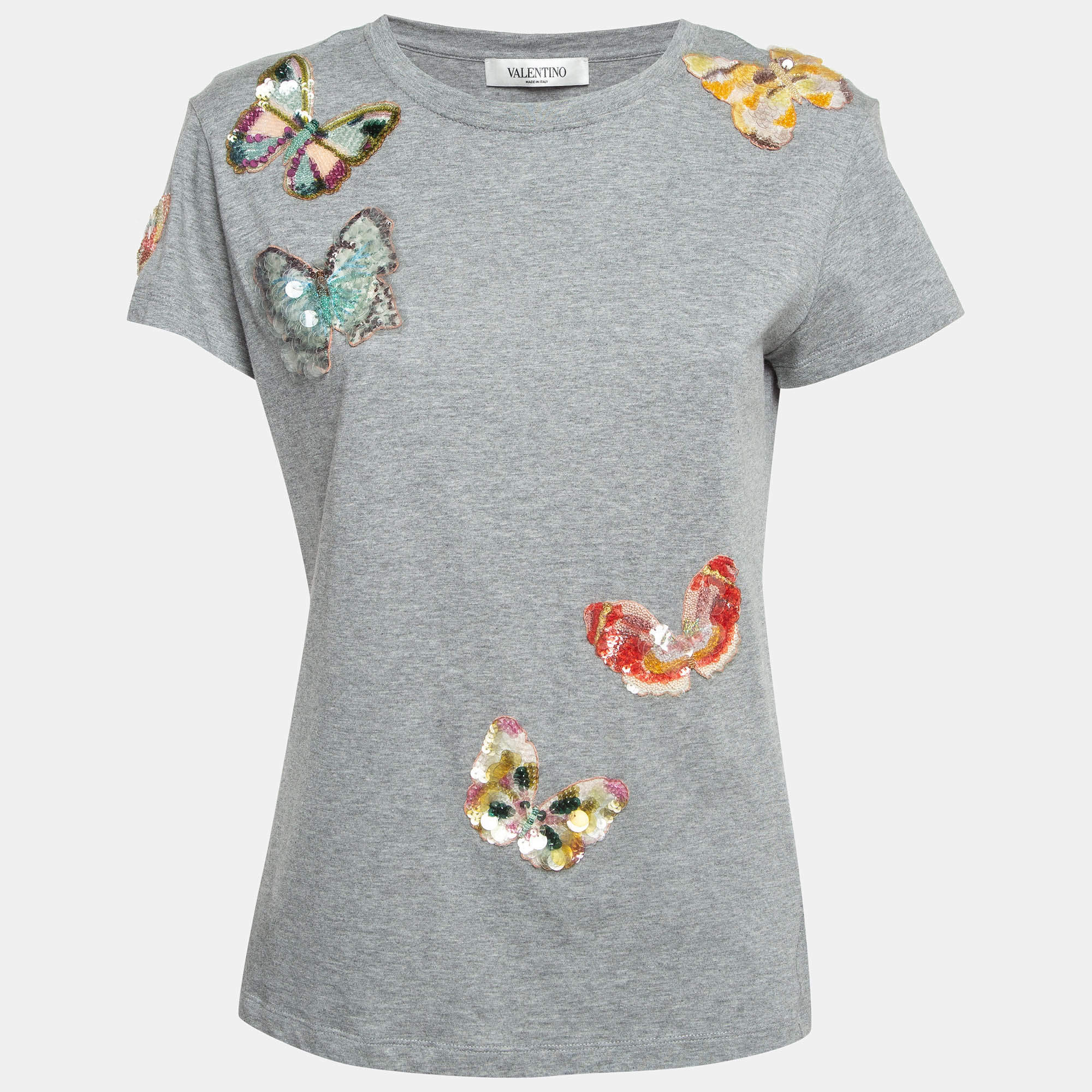 Pre Owned Valentino Grey Sequin Butterfly Applique Cotton T-Shirt S
