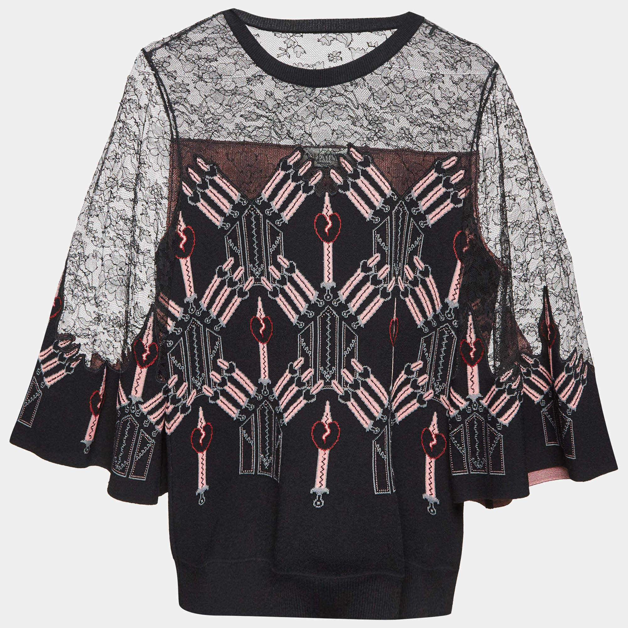 Pre Owned Valentino Black/Pink Lace Trim Knit Top M