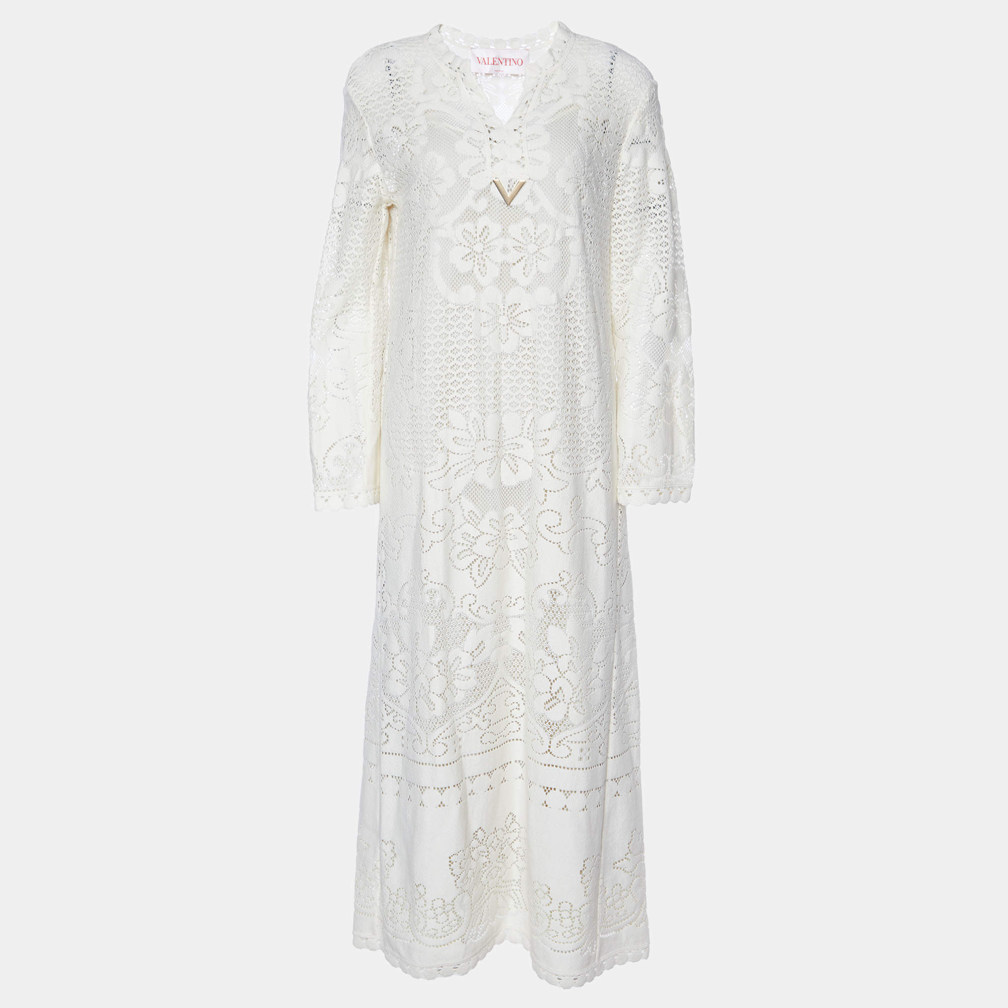 Pre Owned Valentino Cream Lace Full Sleeves Maxi Dress M