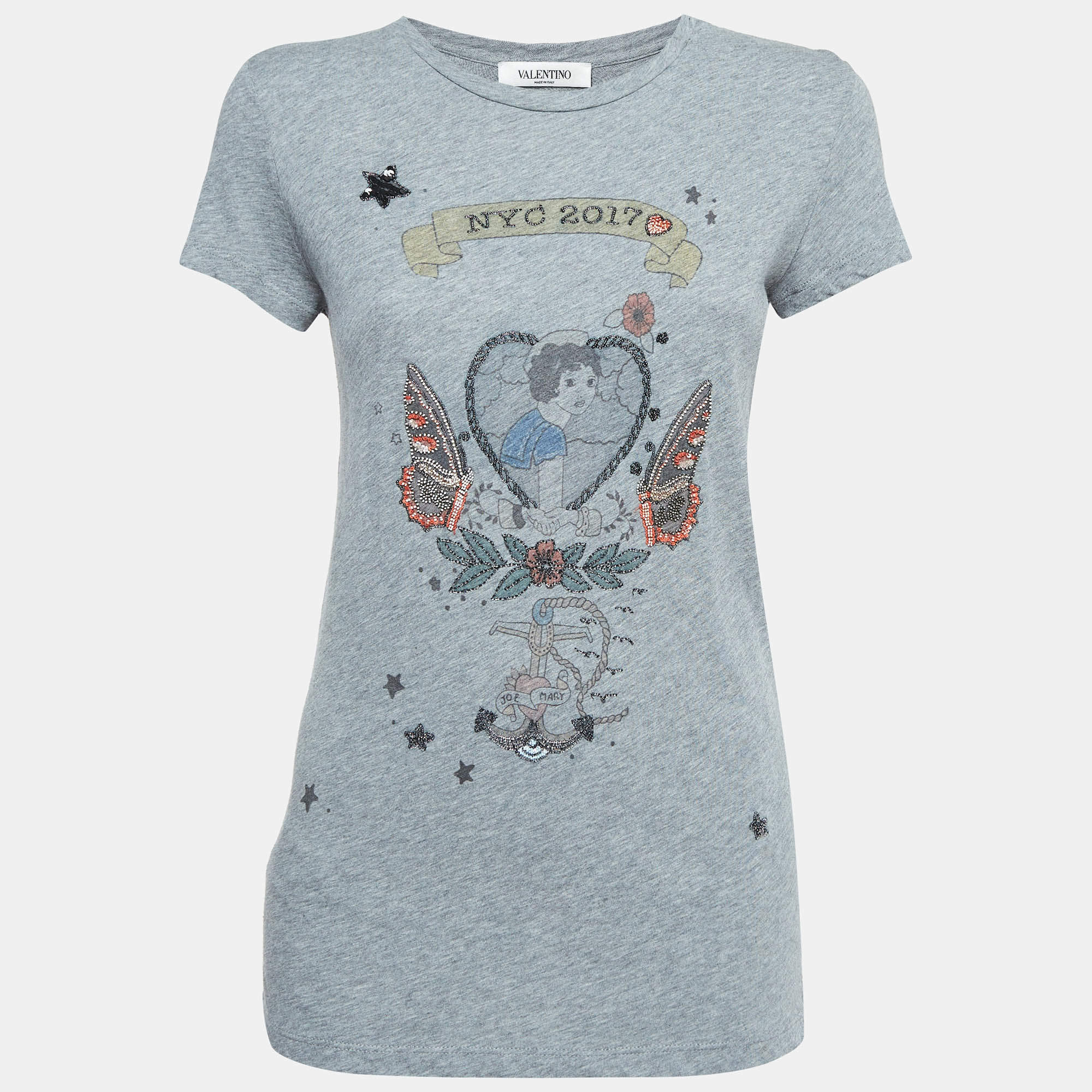 Valentino Grey Embellished/Printed Jersey T-shirt XS