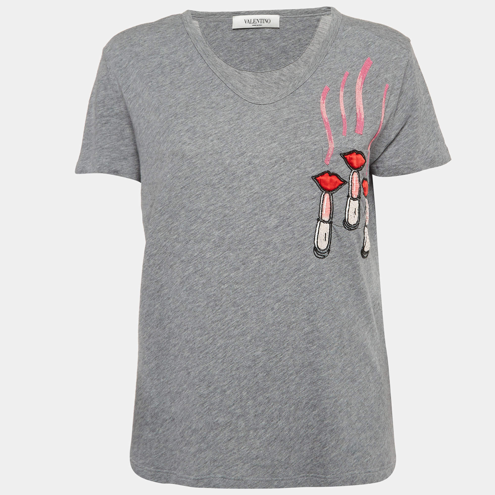 Pre Owned Valentino Grey Embellished Cotton Knit Round Neck T-Shirt S