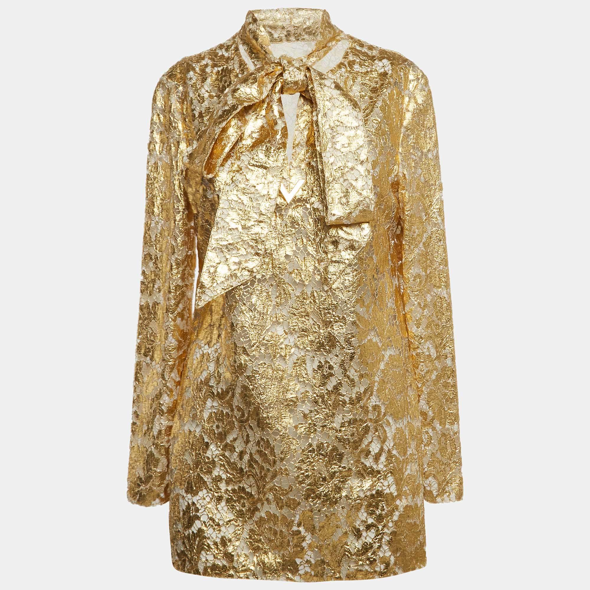 Pre Owned Valentino Gold Floral Lace Neck-Tie Detail Top M