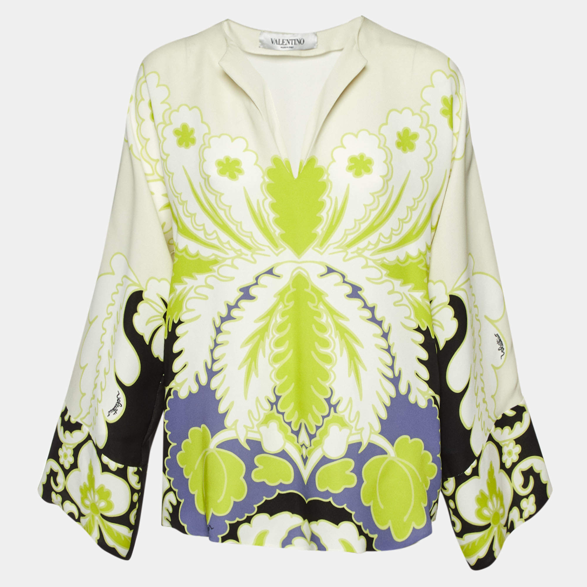 Pre Owned Valentino Cream Tropical World Arazzo Print Silk Blouse M