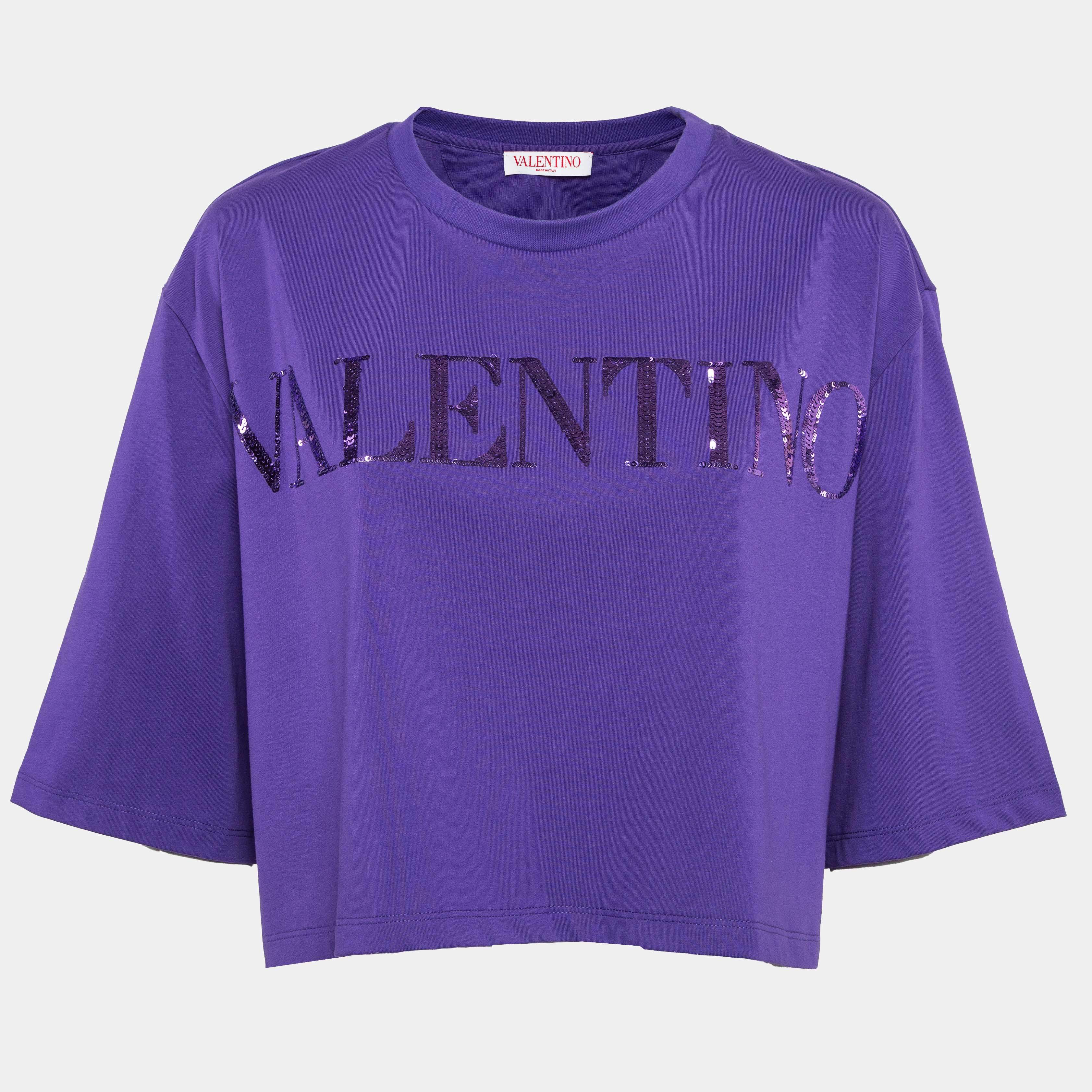 Pre Owned Valentino Purple Sequin Embroidered Jersey Oversized Crop T-Shirt M