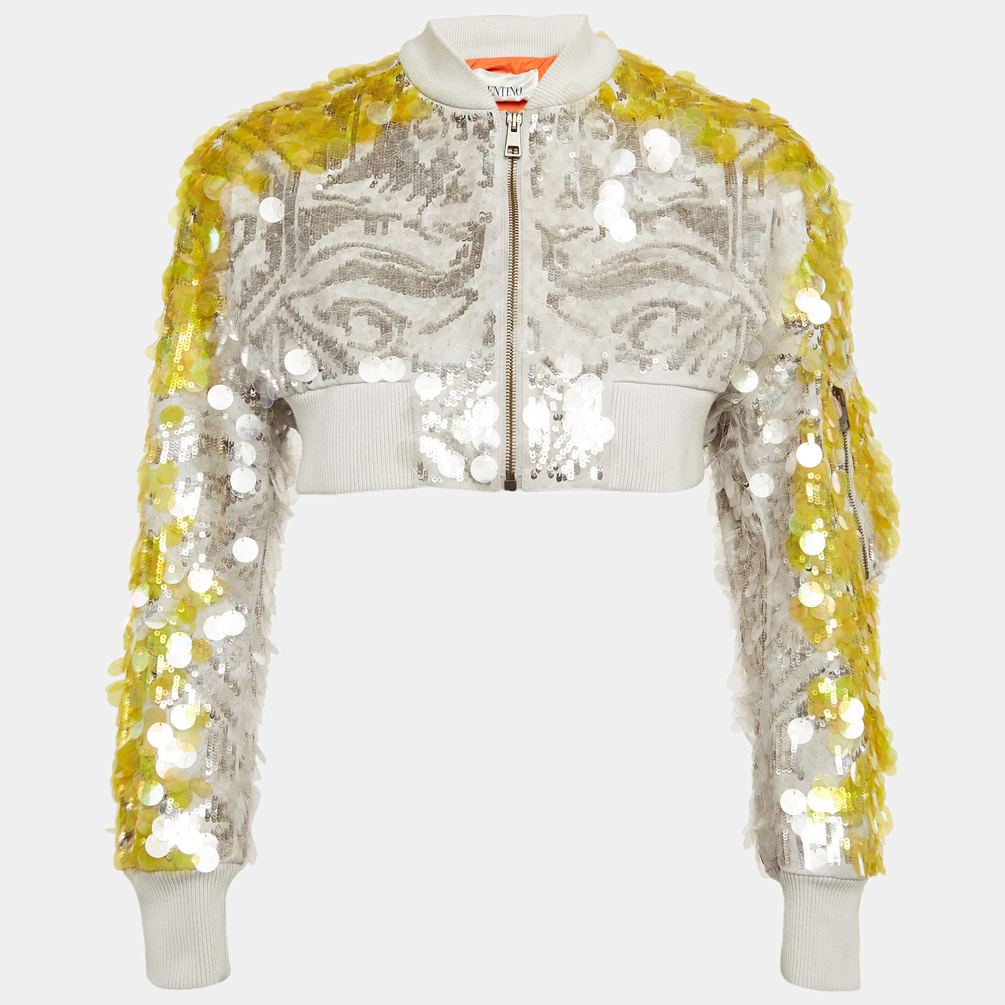 Valentino Yellow/Grey Sequin Embellished Cotton Crop Jacket S