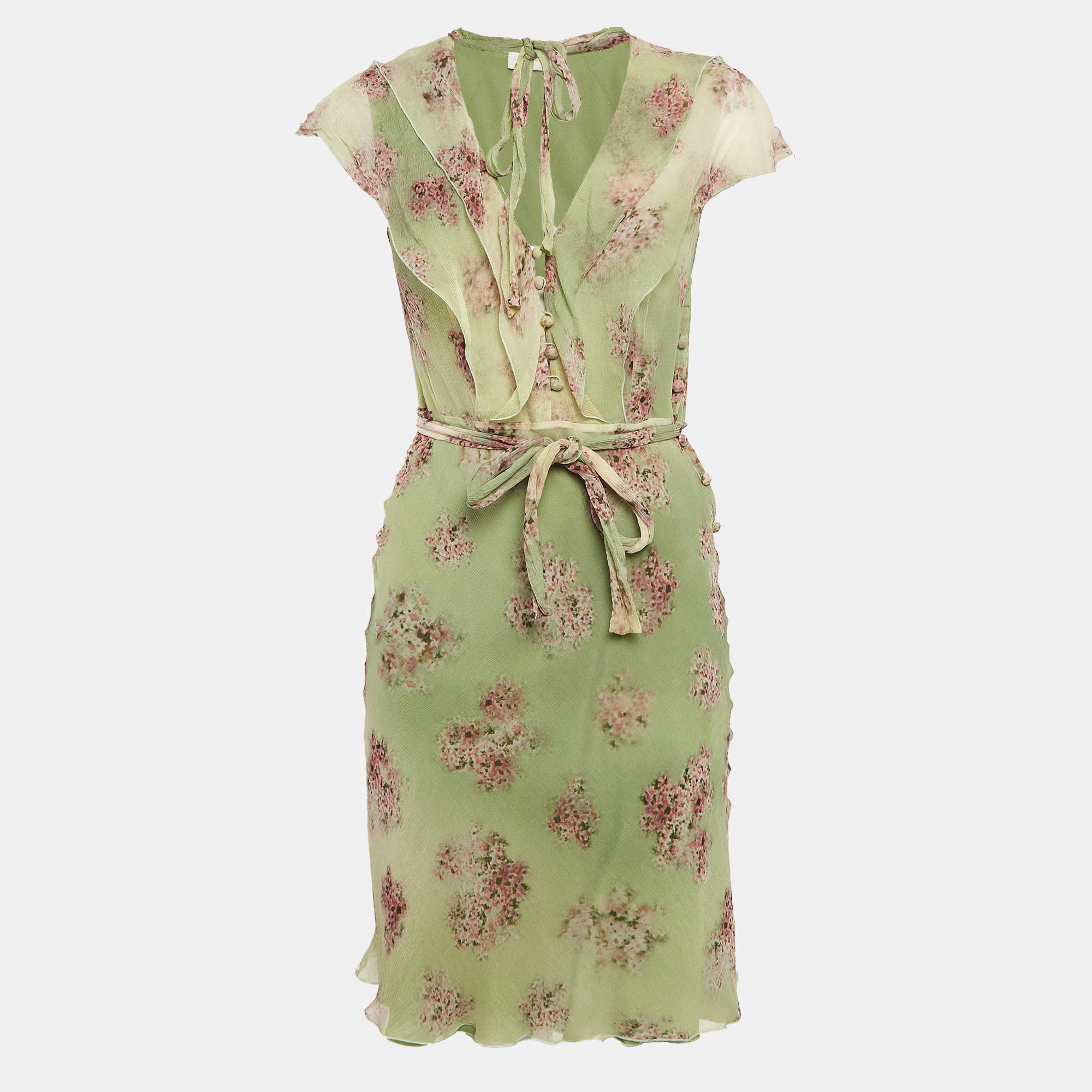 Pre Owned Valentino Roma Vintage Green Floral Print Chiffon Short Dress M