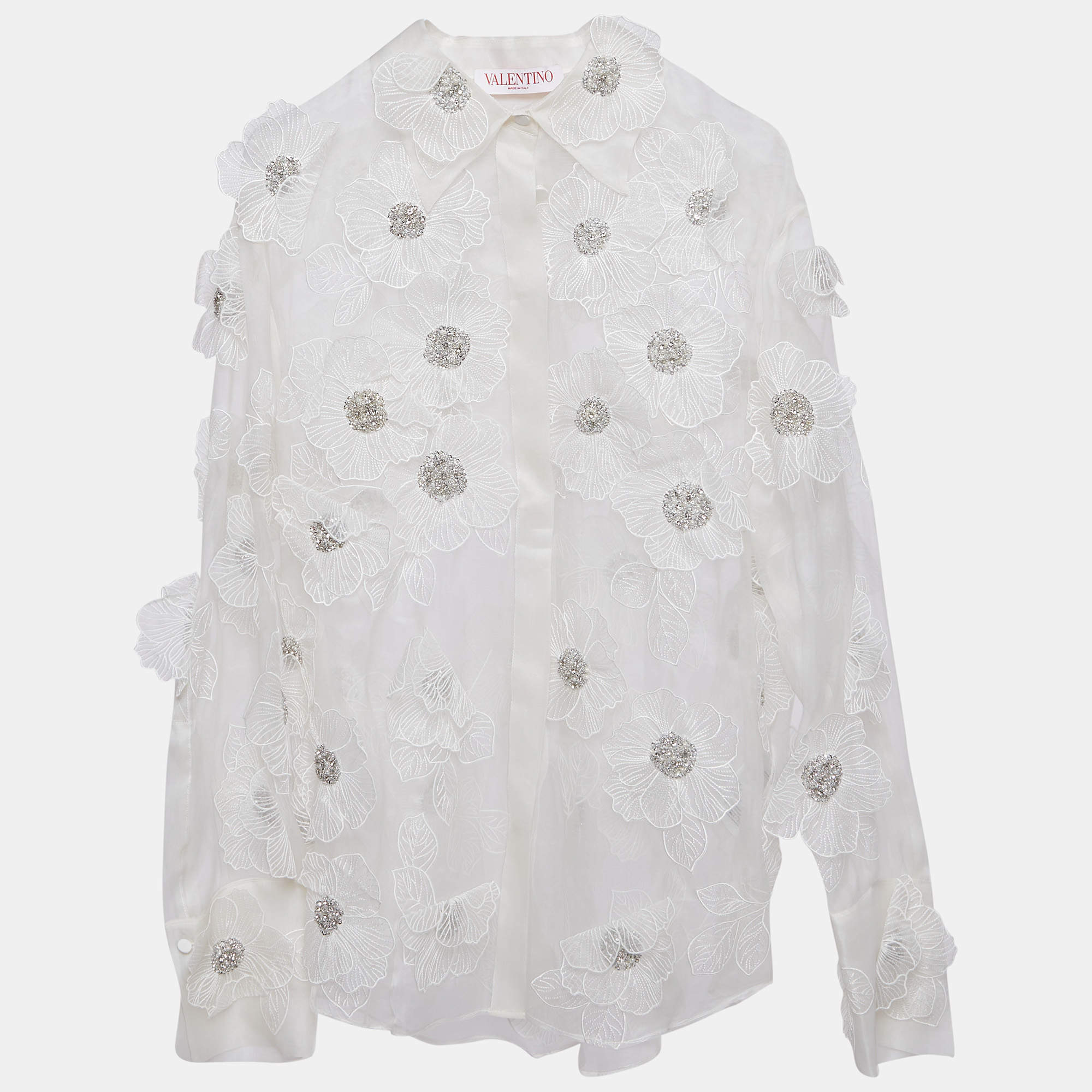 Pre Owned Valentino White Floral Embellished Organza Silk Sheer Shirt XS