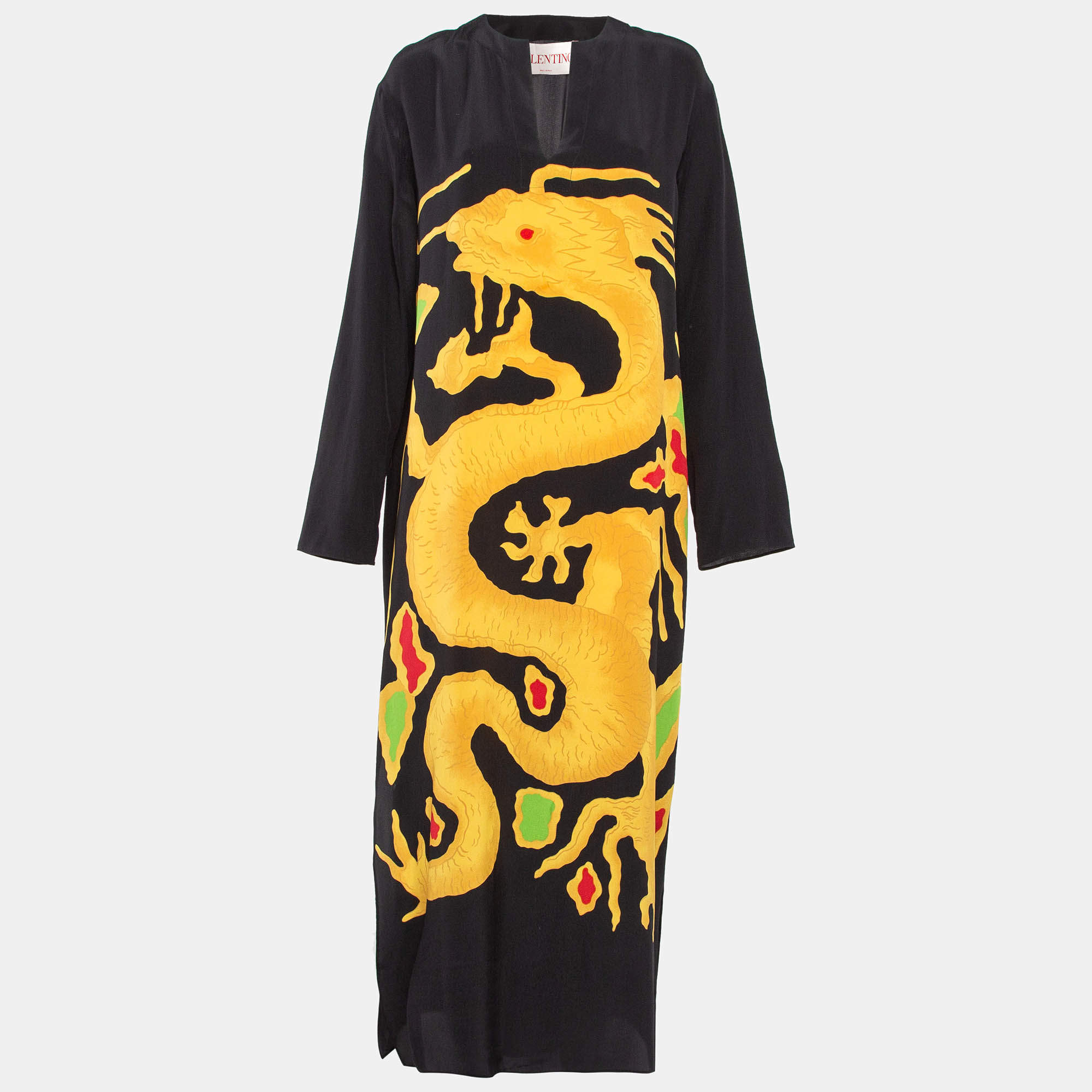 Pre Owned Valentino Multicolor Dragon Print Crepe de Chine Silk Midi Dress M